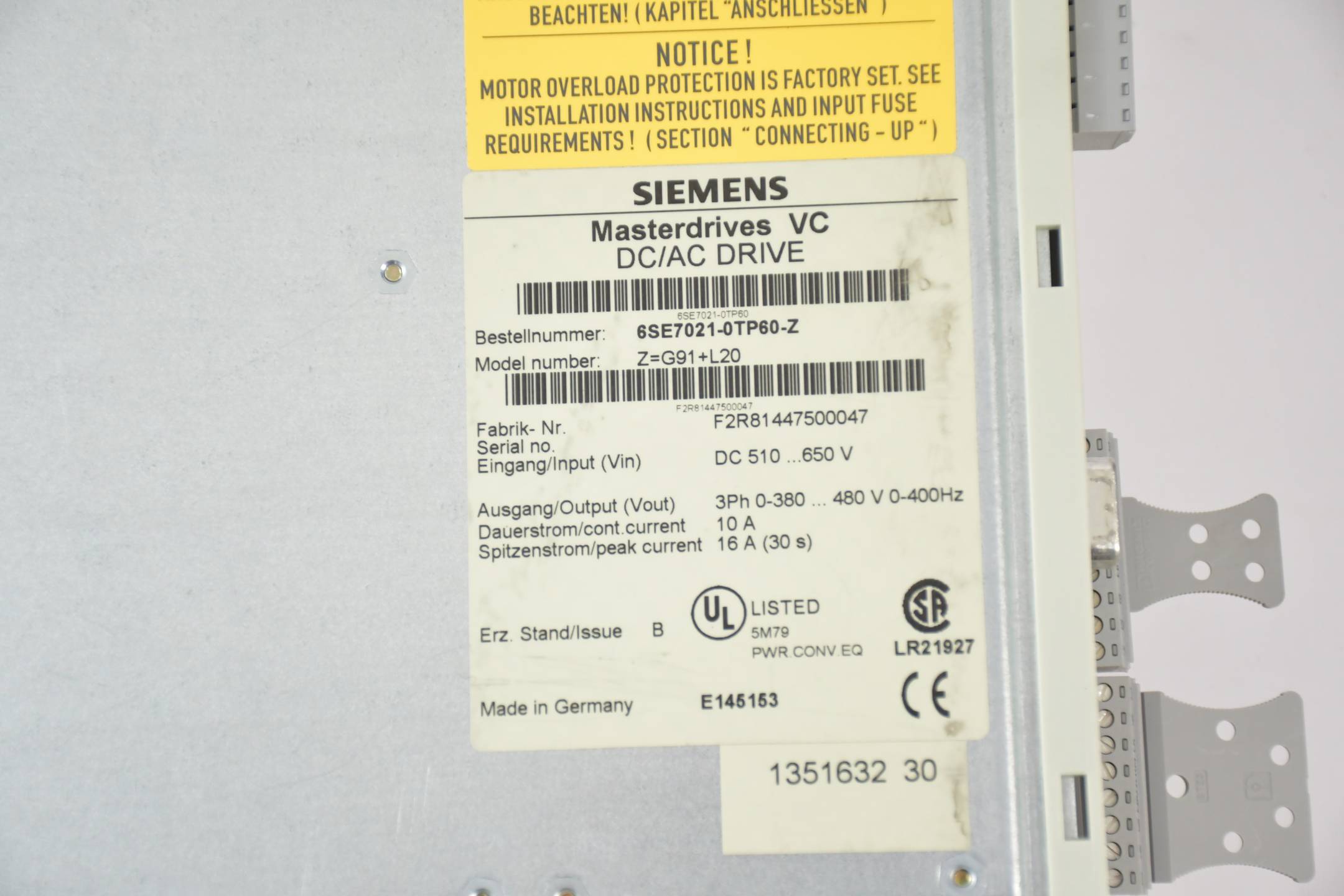 Siemens Masterdrives VC DC/AC Drive 6SE7021-0TP60-Z ( 6SE7 021-0TP60-Z ) Ver. B