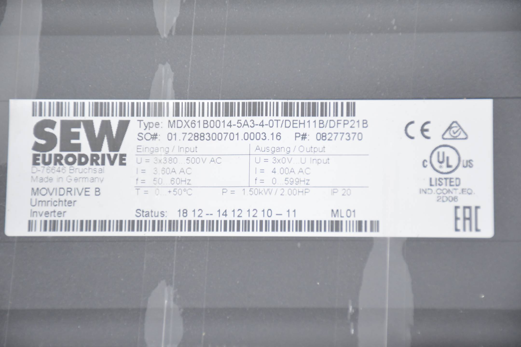 SEW Eurodrive Movidrive MDX61B0014-5A3-4-0T/DEH11B/DFP21B ( 08277370 )