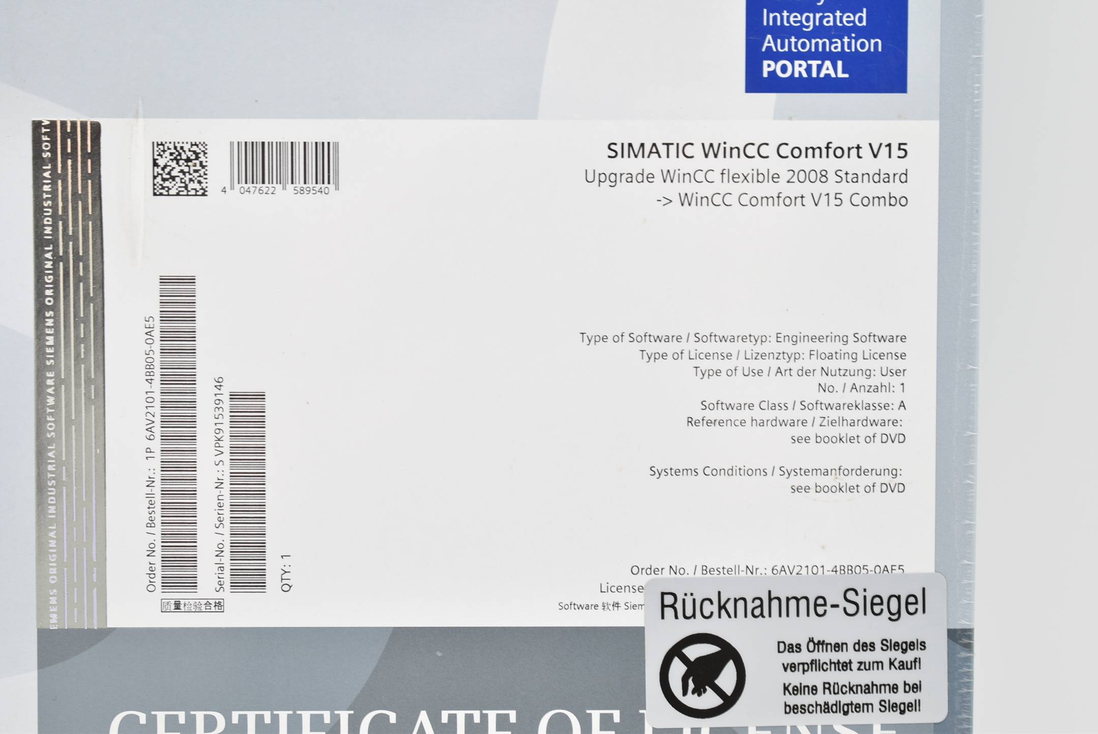 Siemens simatic WinCC Comfort V15 Upgrade 6AV2101-4BB05-0AE5
