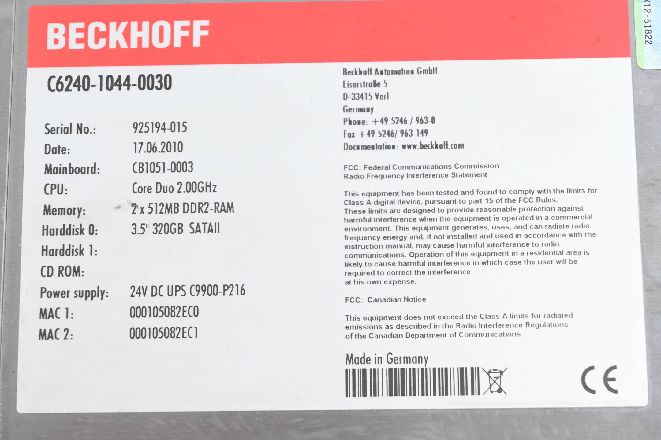 Beckhoff Industrie PC C6240-1044-0030