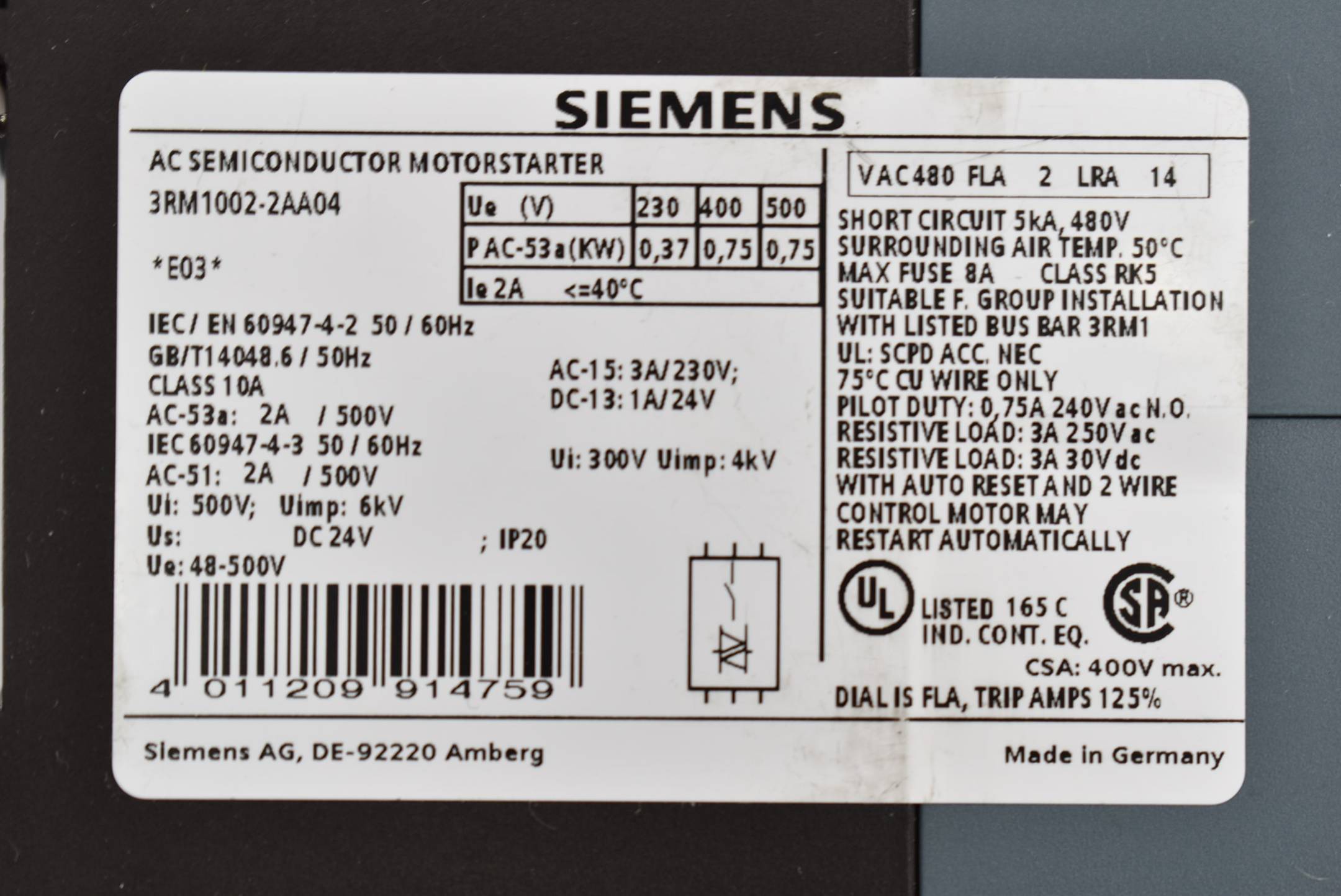 Siemens Direktstarter 3RM1 500V 24 VDC 3RM1 002-2AA04 ( 3RM1002-2AA04 )
