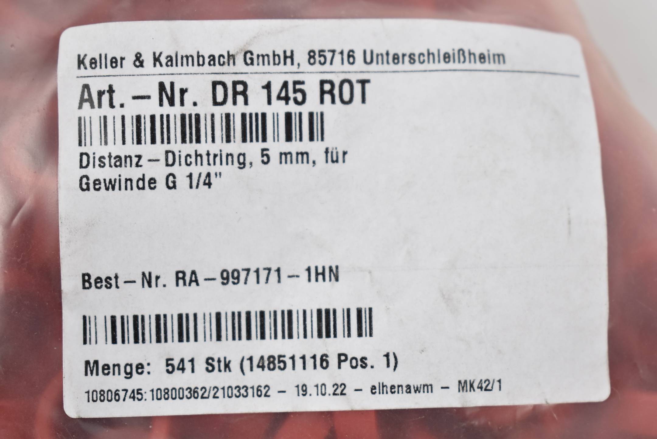 Keller&Kalmbach Distanz-Dichtring DR 145 Rot ( 5mm für Gewinde G 1/4" ) VE 541x