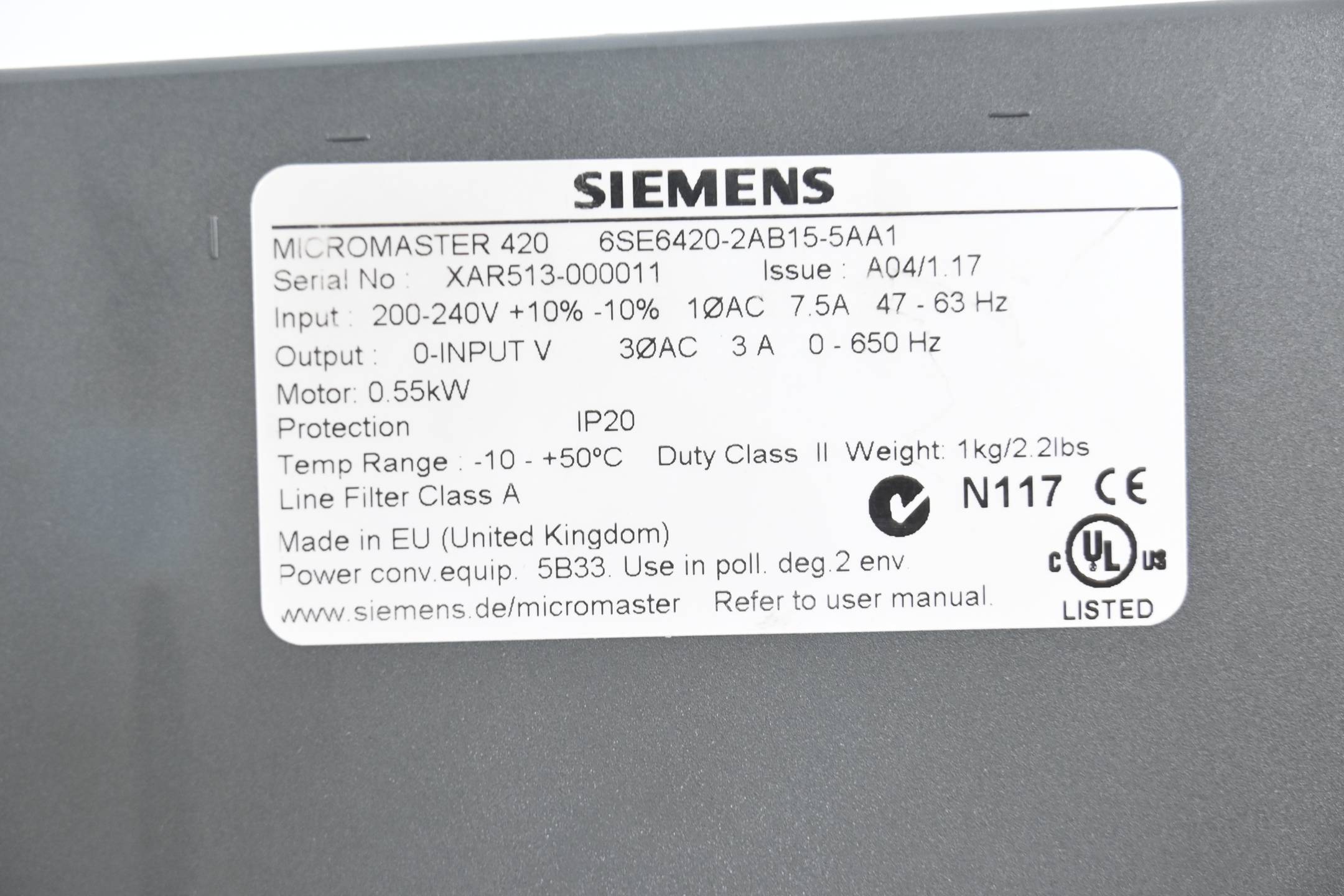 Siemens Micromaster 420 6SE6420-2AB15-5AA1 inkl. BOP 6SE6400-0BP00-0AA0 