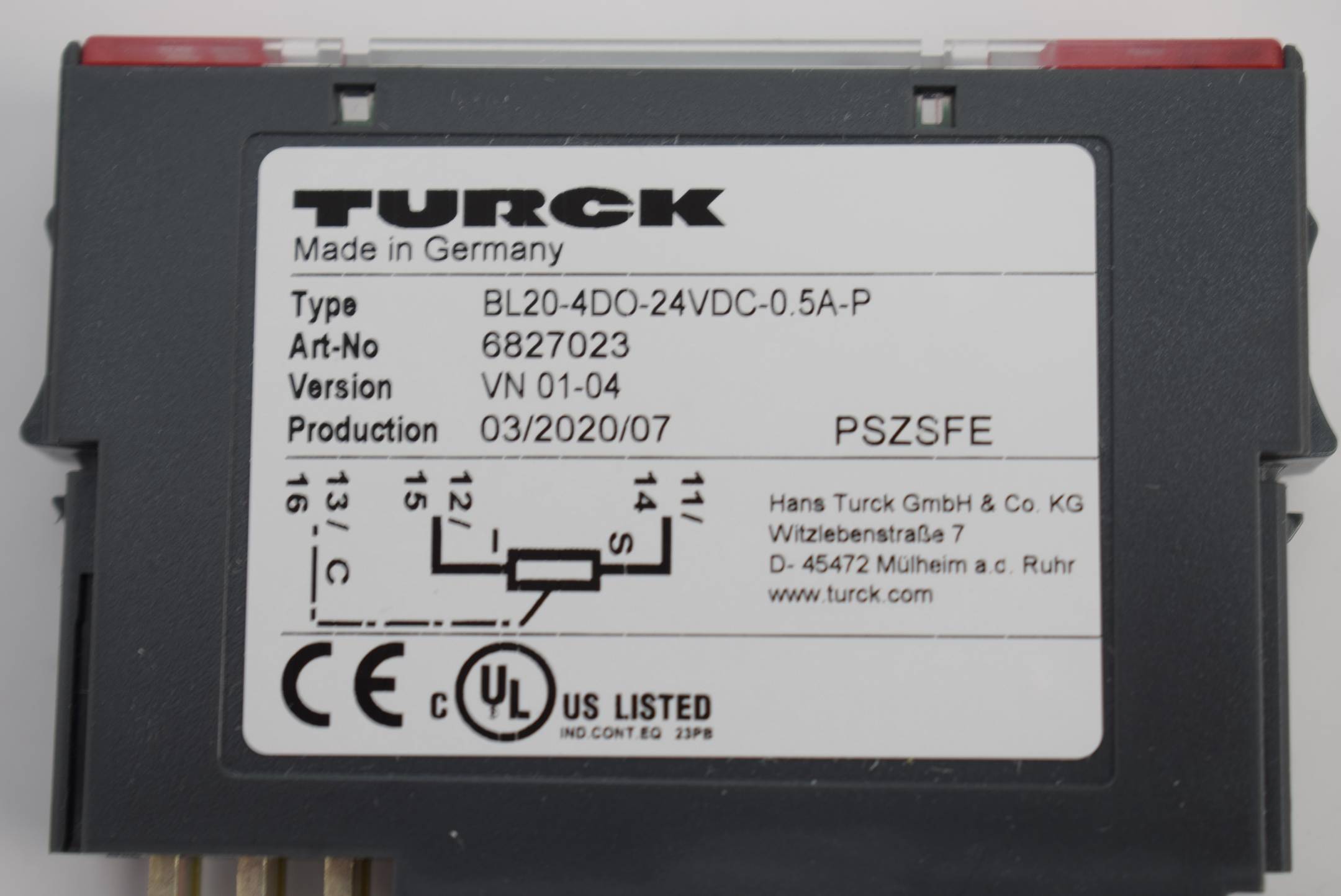 Turck Elektronik Digitalausgabe BL20-4DO-24VDC-0,5A-P 6827023 Ver. VN 01-04