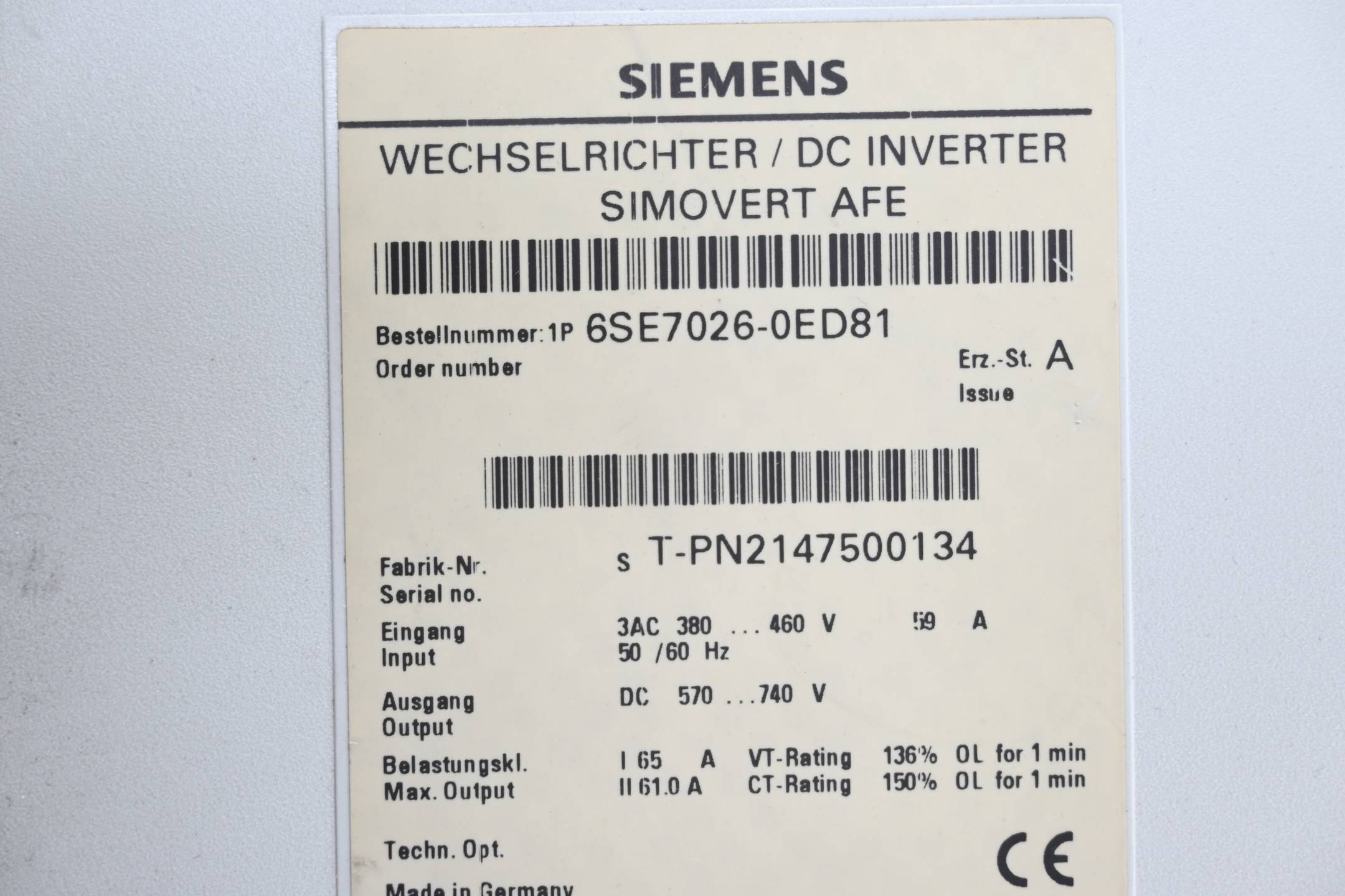 Siemens Simovert AFE Wechselrichter 6SE7026-0ED81 inkl. Steuerkarte CUSA Ver. A