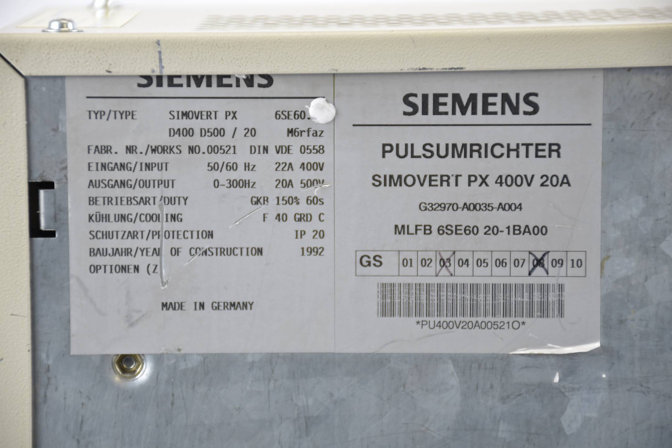 Siemens simovert PX Pulsumrichter 6SE6020-1BA00 ( 6SE6 020-1BA00 ) E8