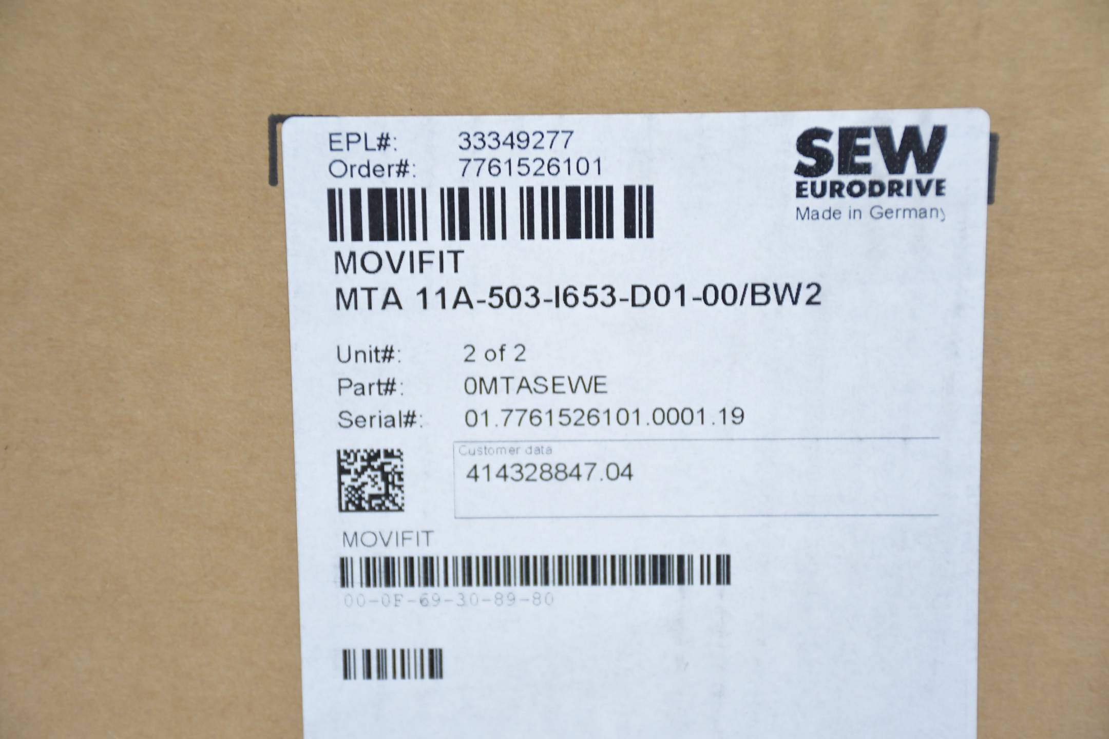 SEW Eurodrive Movifit MTF11A030-503-E20A-20/S12A + MTA11A-503-I653-D01-00/BW2