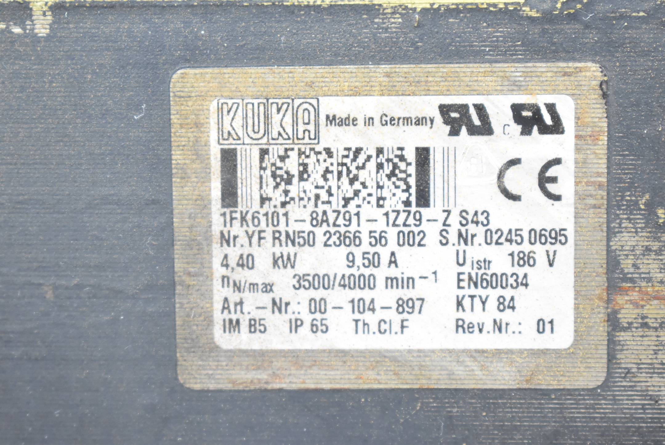 KUKA Servomotor 4,40kW 9,5A 186V 3500/4000rpm IP65 1FK6101-8AZ91-1ZZ9-Z S43 