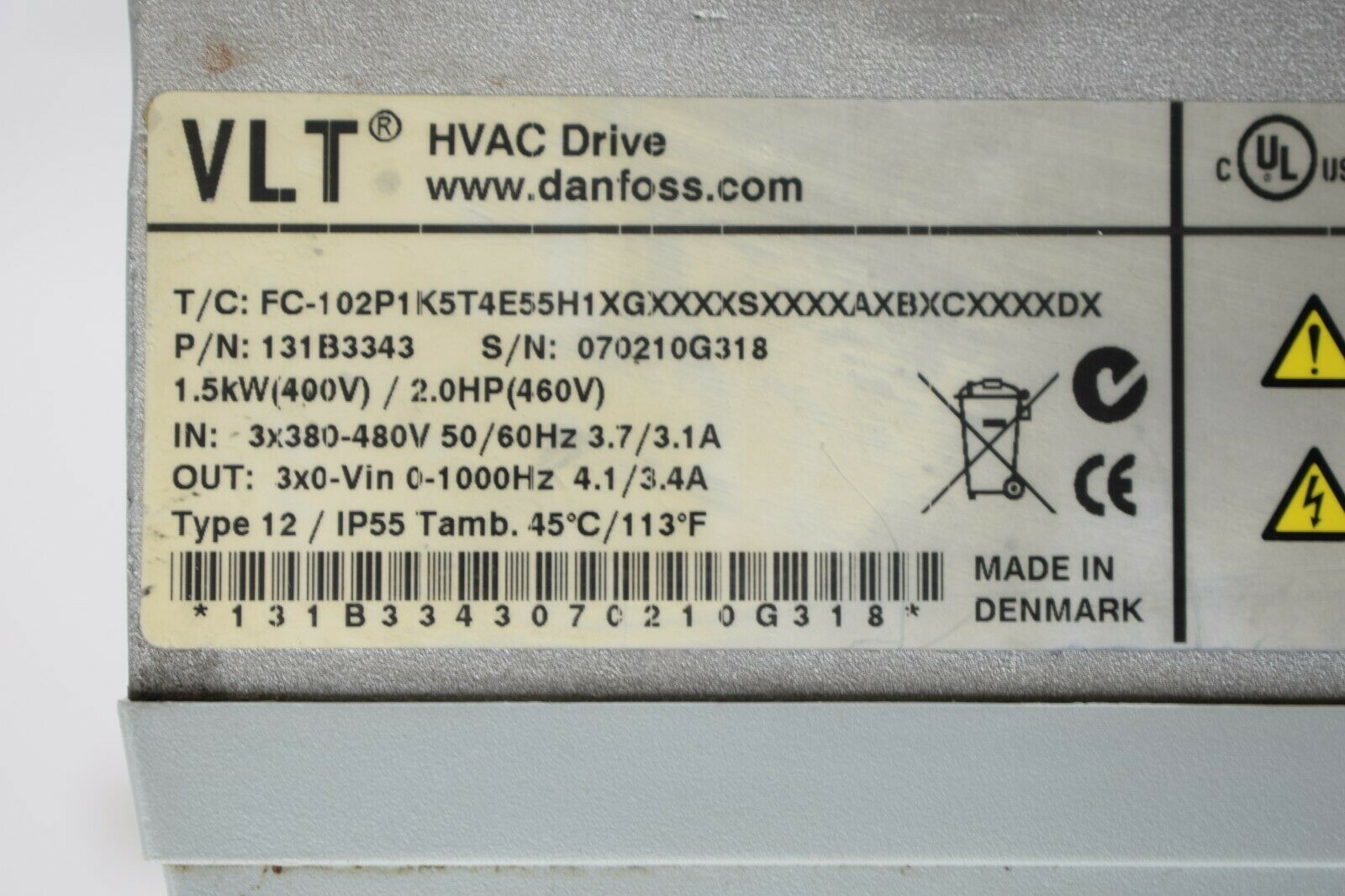 Danfoss VLT HVAC Drive FC-102P1K5T4E55H1XGXXXXSXXXXAXBXCXXXXDX ( 131B3343 )