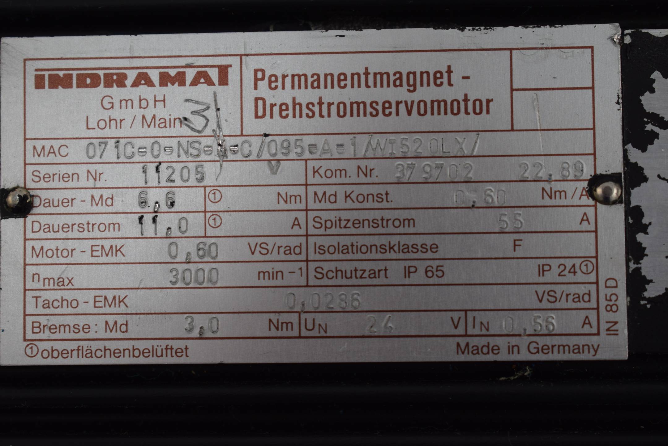 Indramat Permanentmagnet-Drehstromservomotor 071C-0-NS-3-C/95-A-1/WI52OLX/ 11205