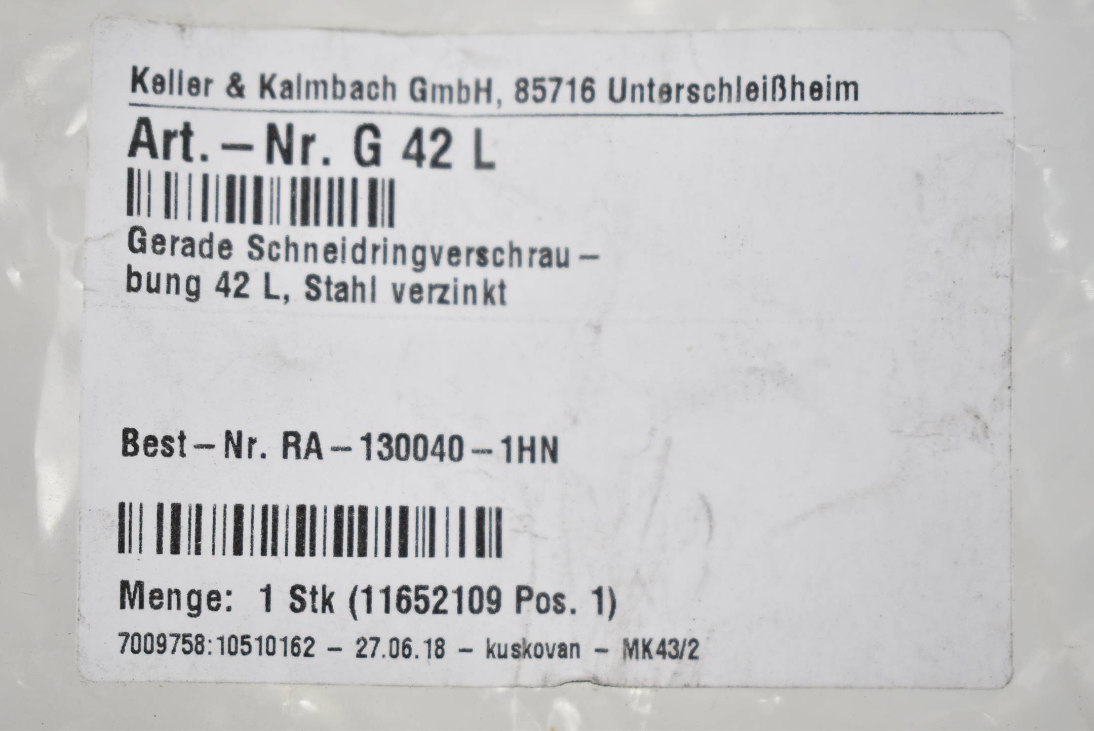 Keller&Kalmbach Gerade Schneidringverschraubung Stahl verzinkt G 42 L ( G42L )