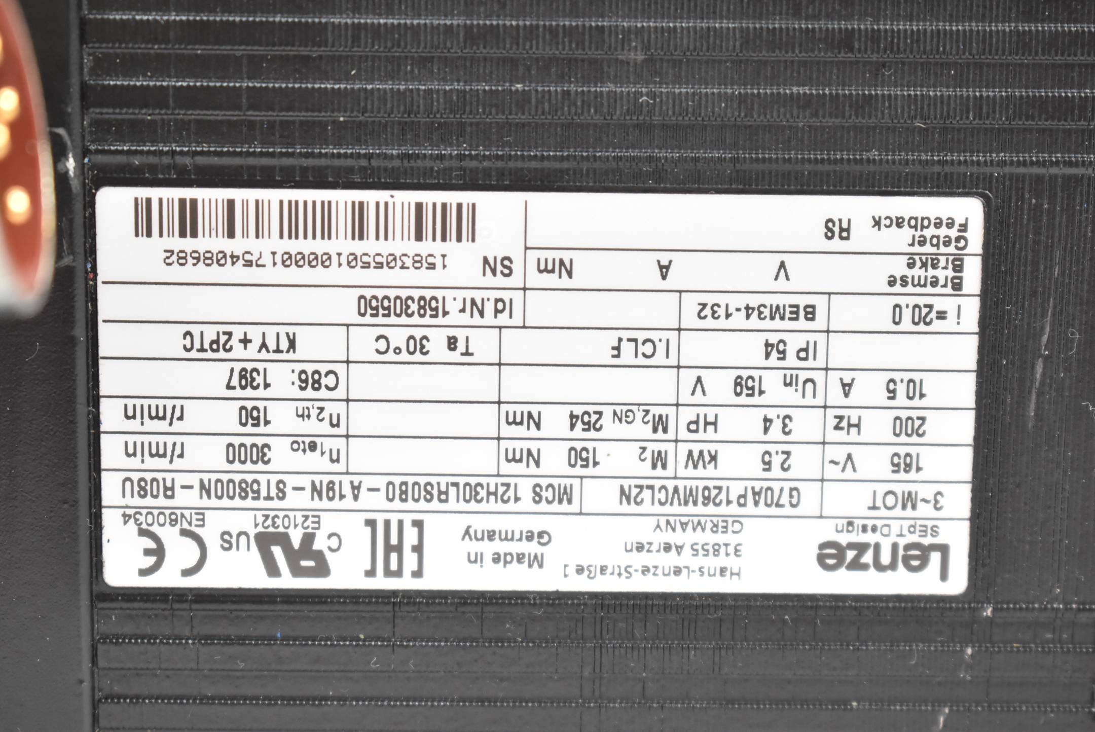 Lenze Servomotor 2,5Kw 3000rpm G70AP126MVCL2N MCS 12H30LRS0B0-A19N-ST5800N-R08U