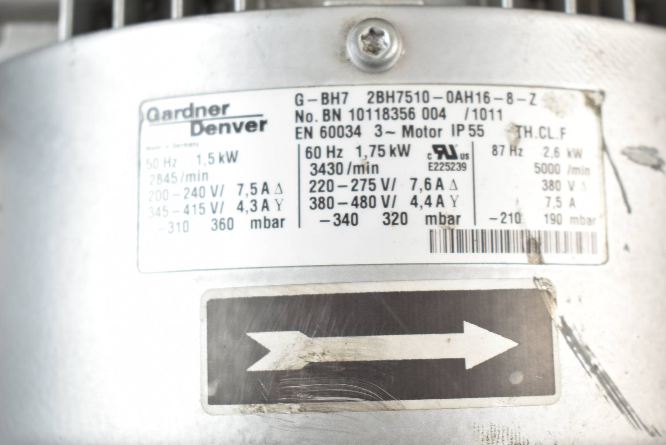 Gardner Denver Seitenkanalverdichter 1,5kW 50Hz 2845rpm G-BH7 2BH7510-0AH16-8-Z