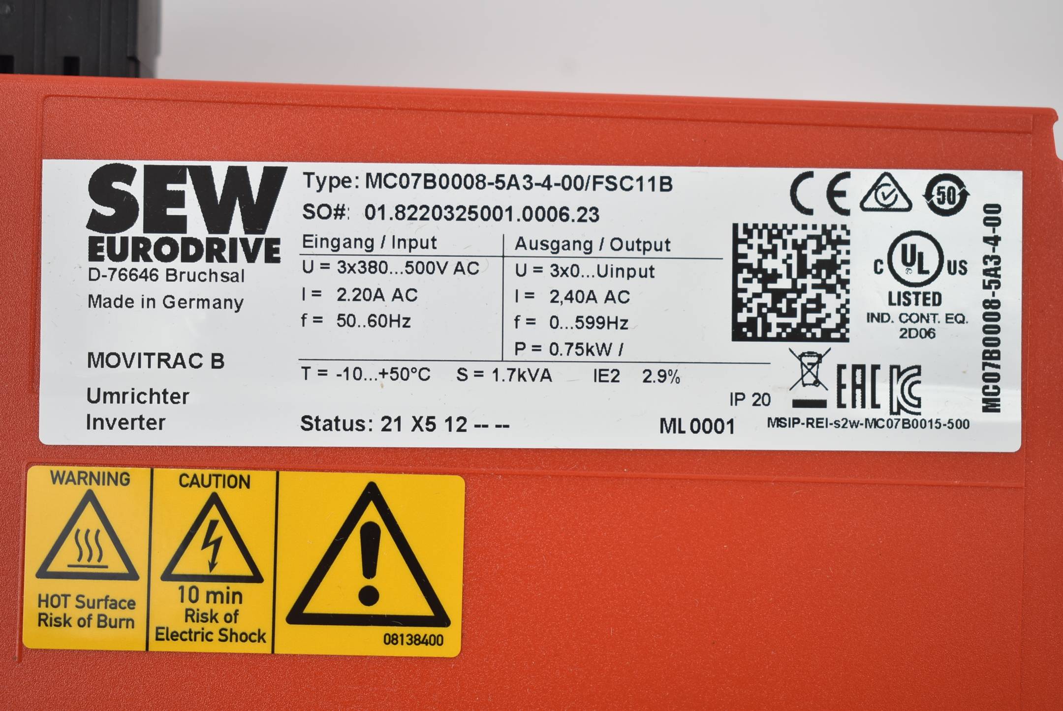 SEW eurodrive Movitrac B Umrichter MC07B0008-5A3-4-00/FSC11B ( 0,75kW )