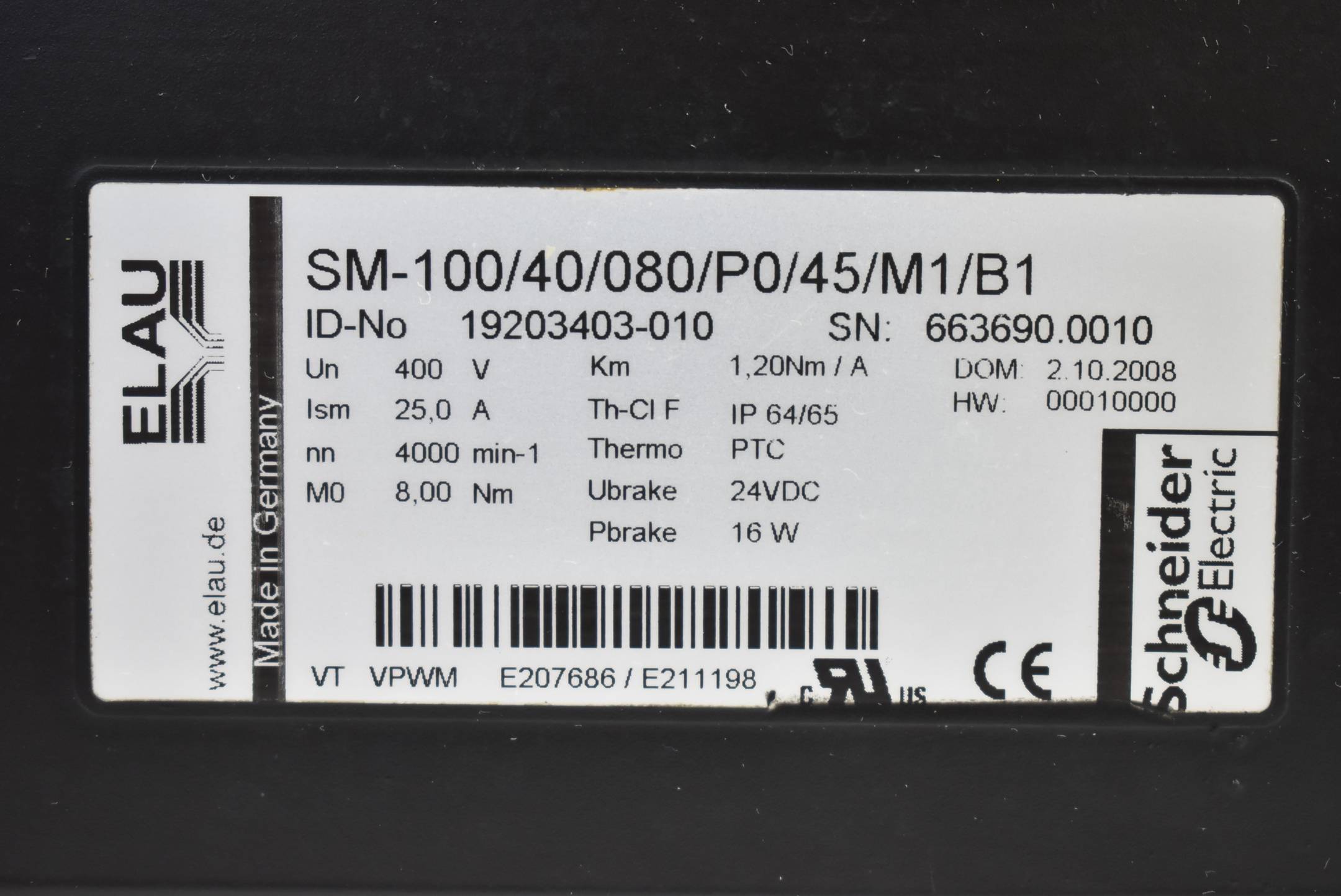 Elau Schneider electric Servomotor 4000min-1 SM-100/40/080/P0/45/M1/B1