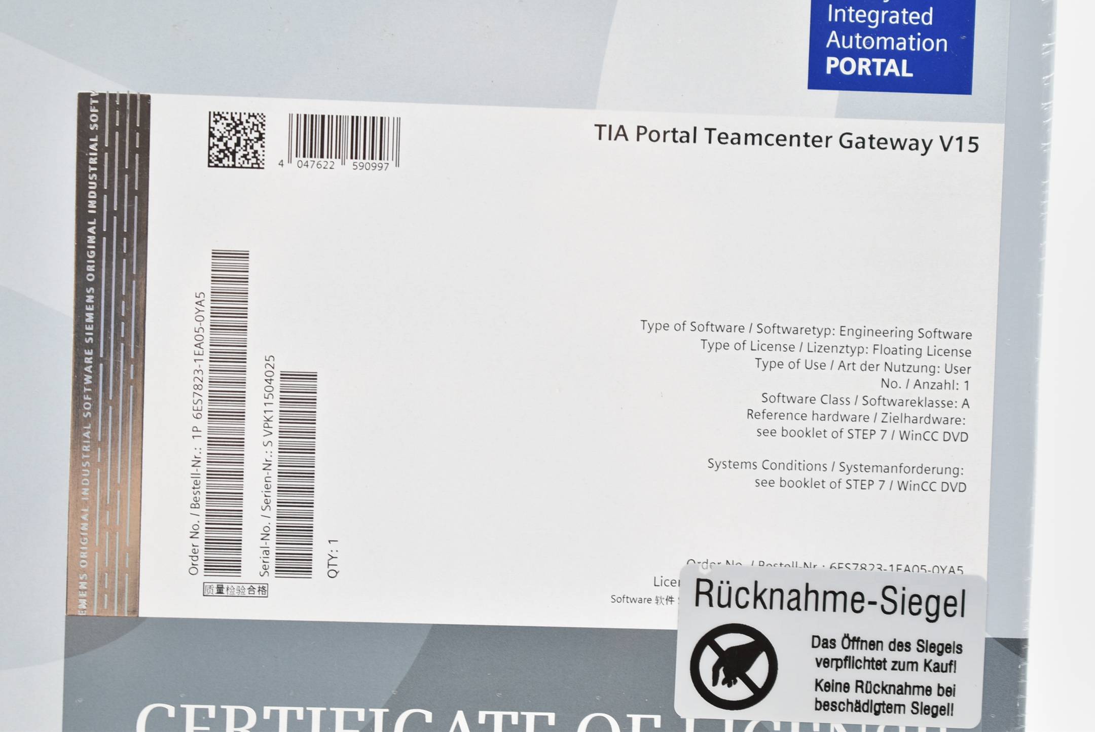Siemens TIA Portal Teamcenter Gateway V15 6ES7823-1EA05-0YE5 Upgrade to V15