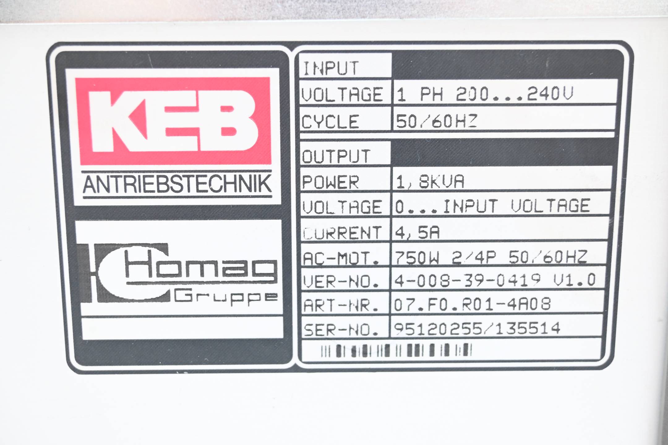 KEB Homag Frequenzumrichter 07.F0.R01-4A08 ( 07F0R01-4A08 )