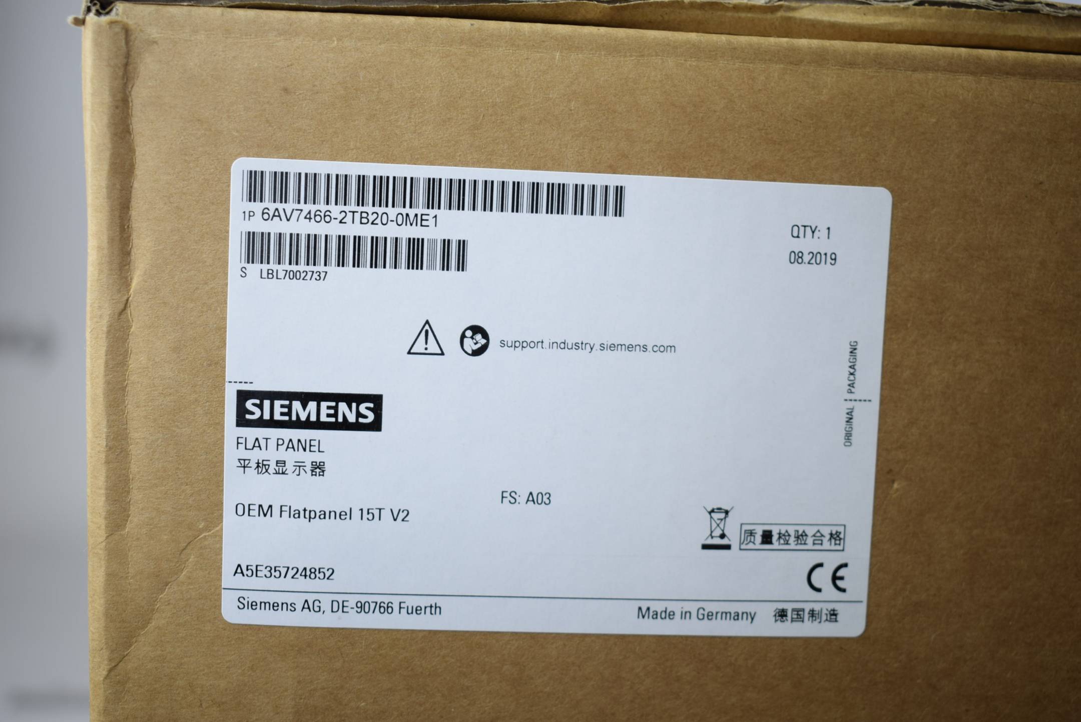 Siemens simatic OEM Flat Panel 15T V2 Operator terminal 6AV7466-2TB20-0ME1 A03