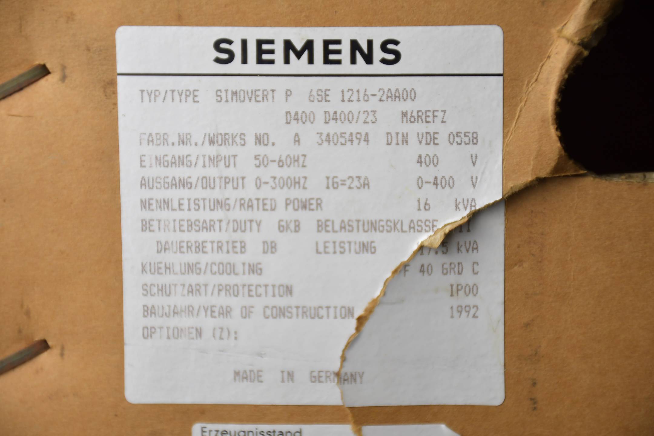 Siemens simovert P D400 Frequenzumrichter 6SE 1216-2AA00 ( 6SE1216-2AA00 ) Ver A