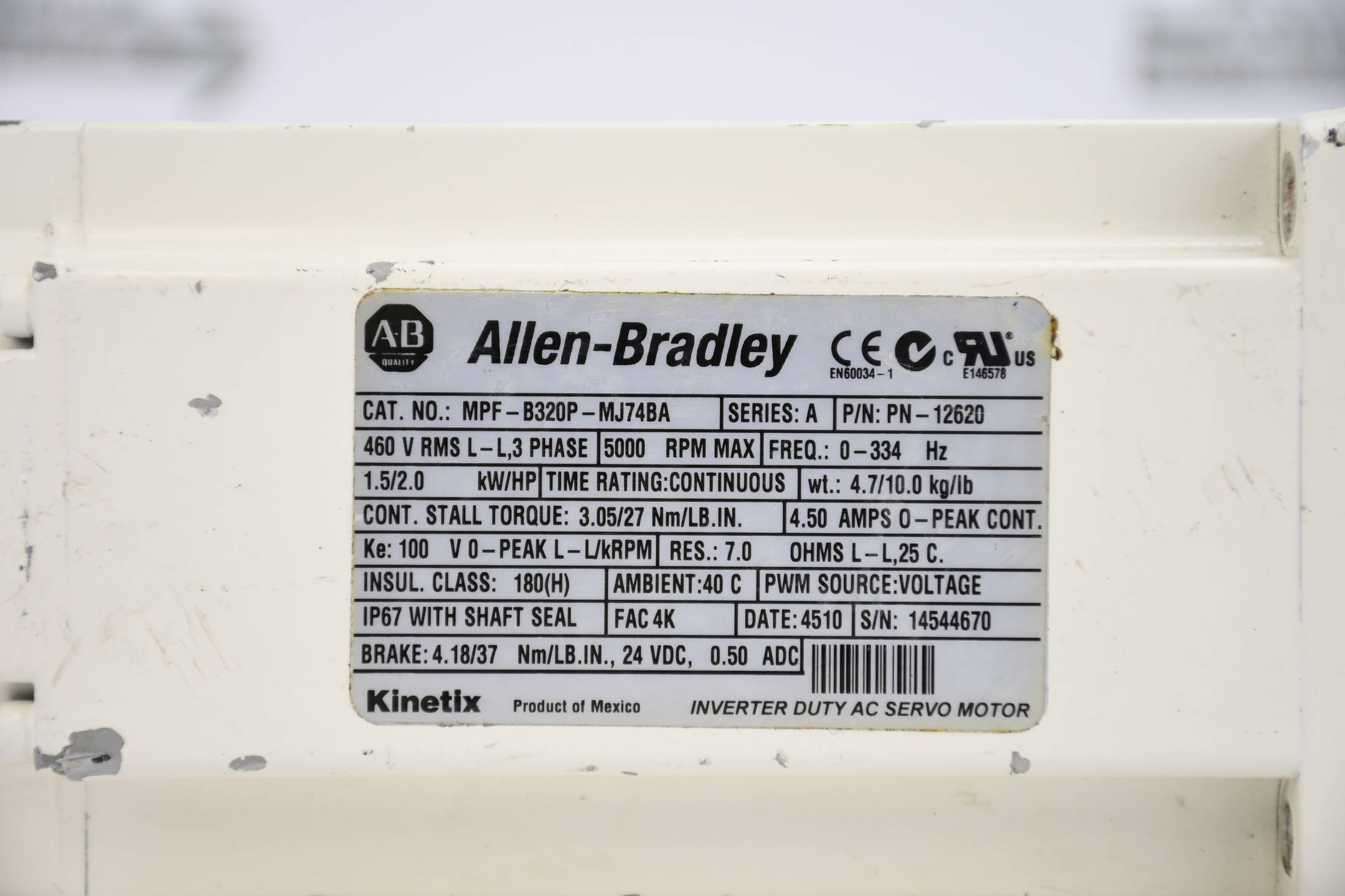 Allen-Bradley Rockwell Kinetix MP-Series Servo Motor MPF-B320P-MJ74BA ( 12620 )