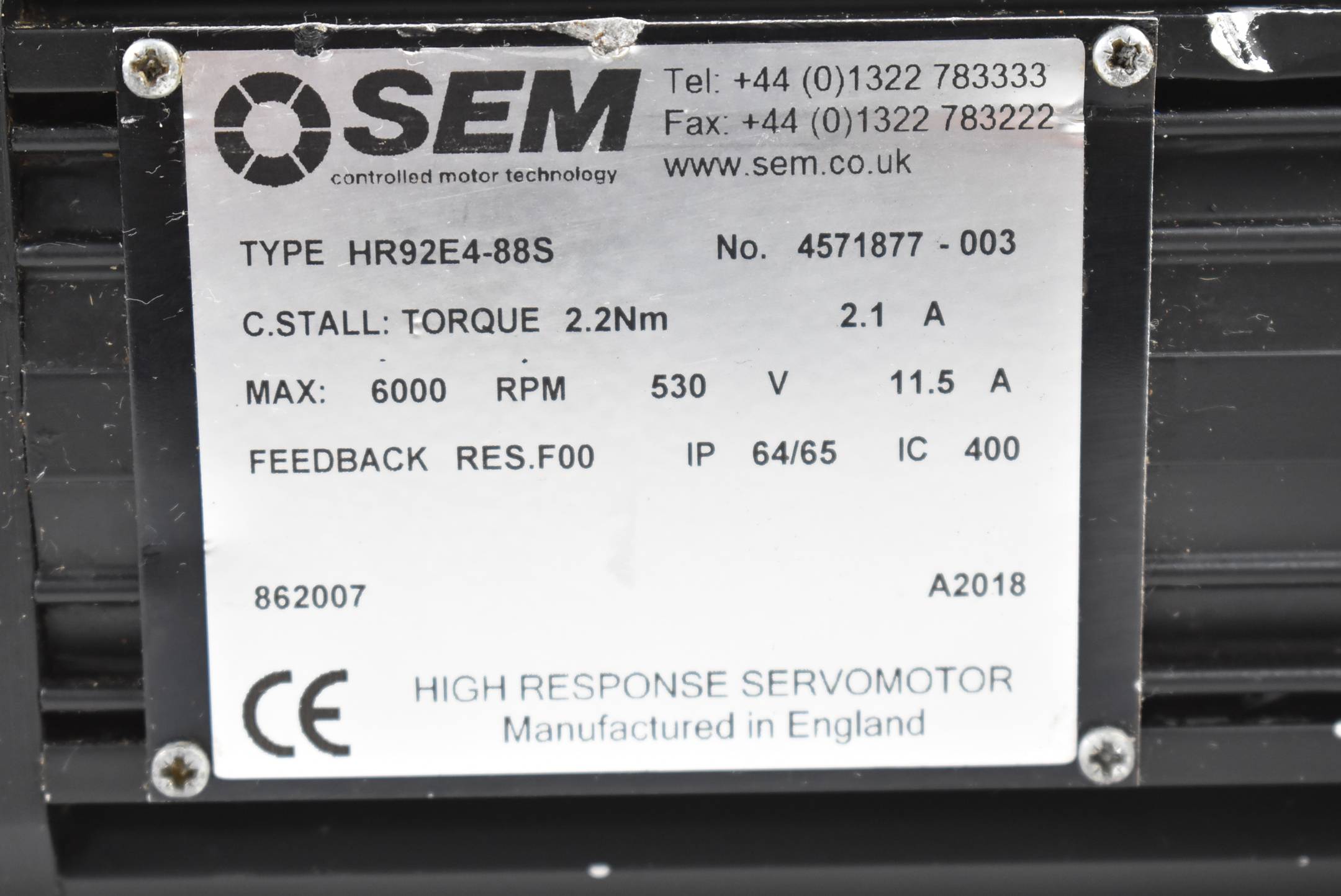 SEM Servomotor 2,2Nm 2,1A 6000rpm 530V HR92E4-88S