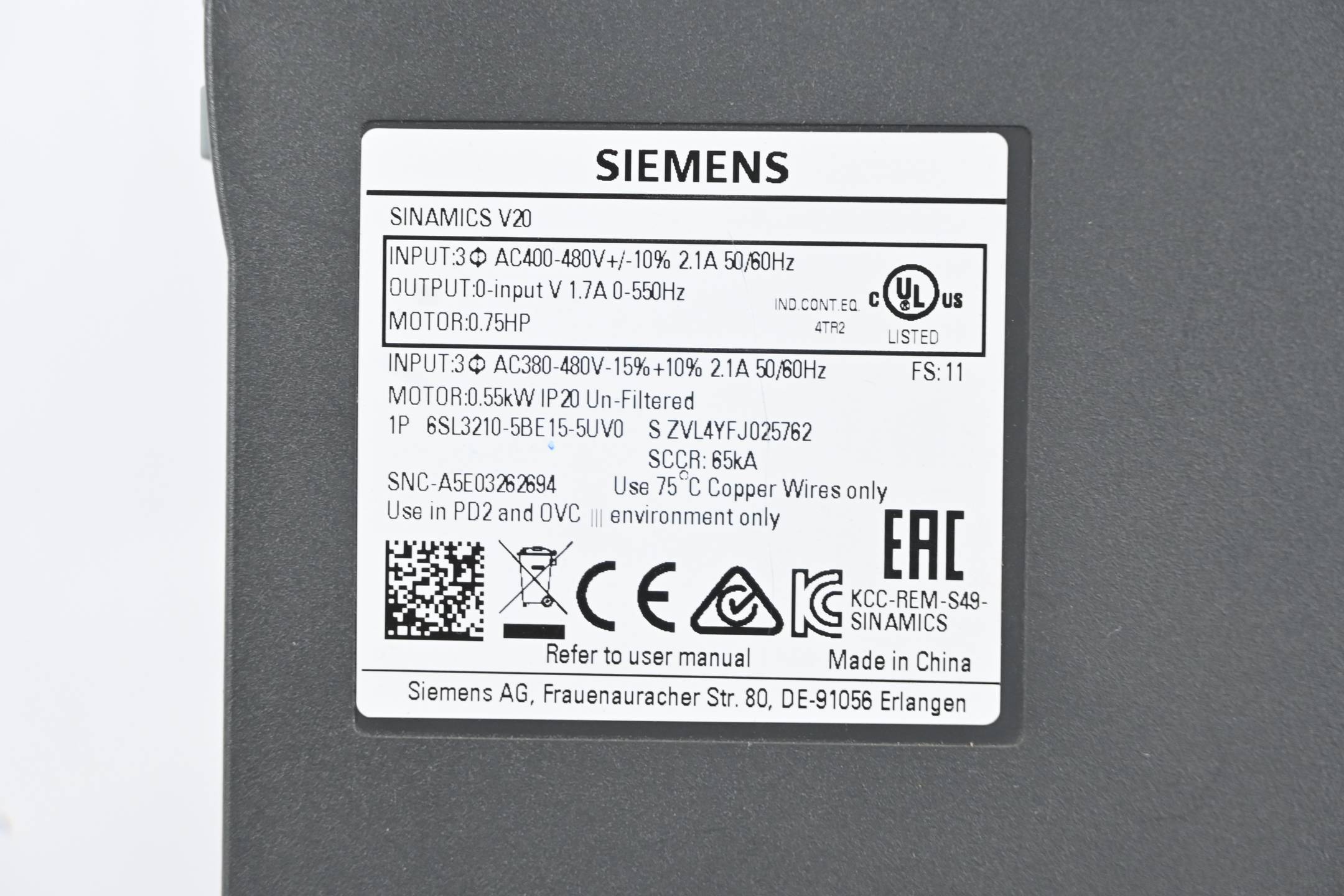 Siemens Sinamics V20 Umrichter 6SL3210-5BE15-5UV0 ( 6SL3 210-5BE15-5UV0 )