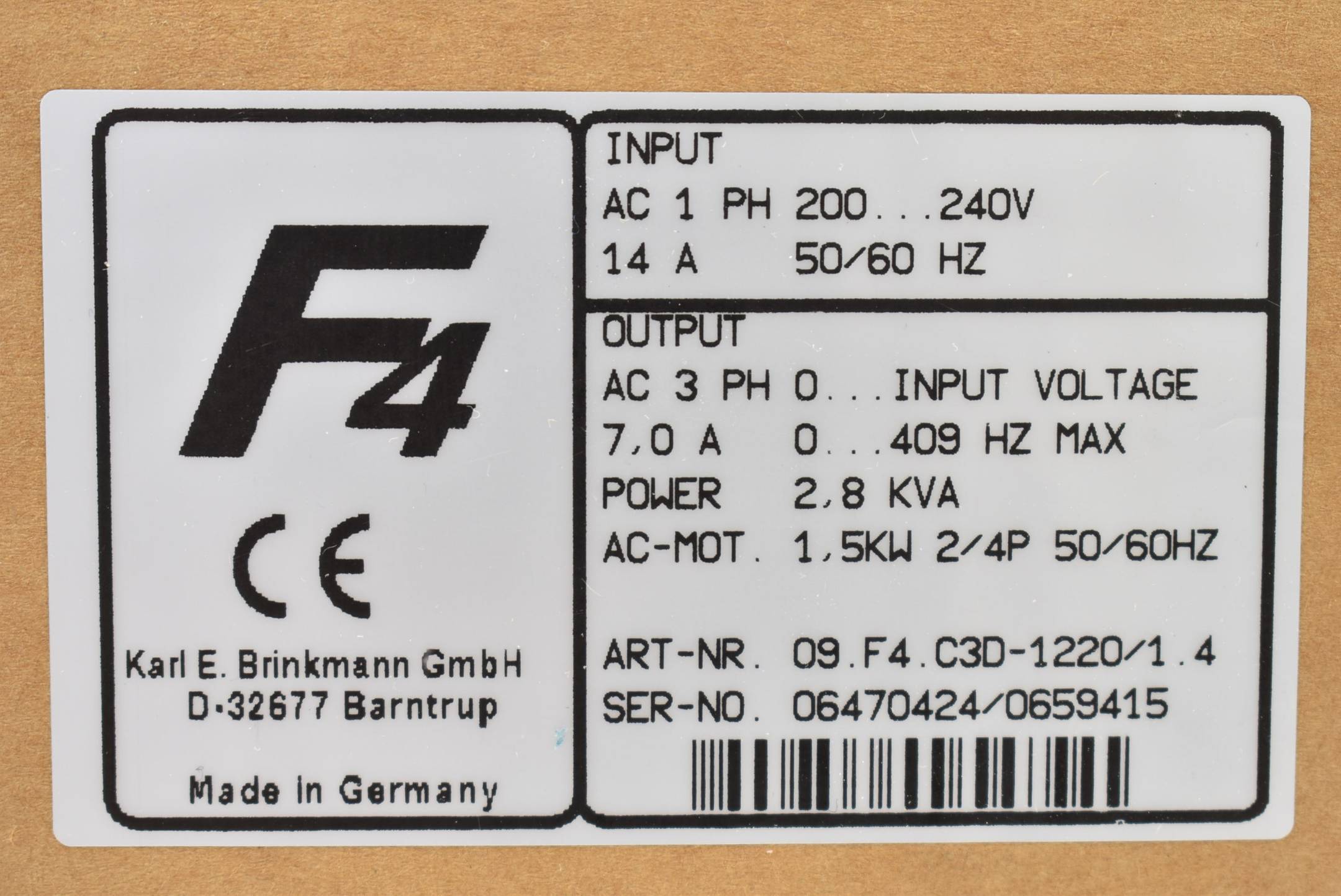 KEB Combivert F4 Frequenzumrichter 1,5kW 50/60Hz 200-240V 09.F4.C3D-1220/1.4