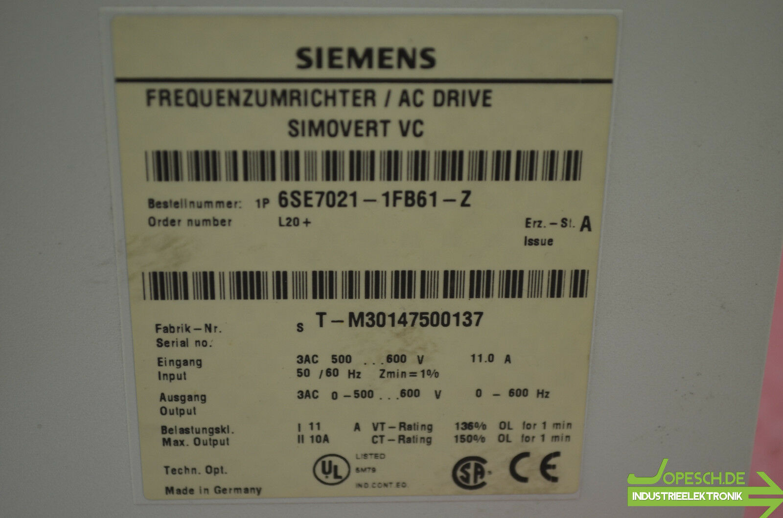 Siemens simovert 6SE7021-1FB61-Z ( 6SE7 021-1FB61-Z ) Ver A