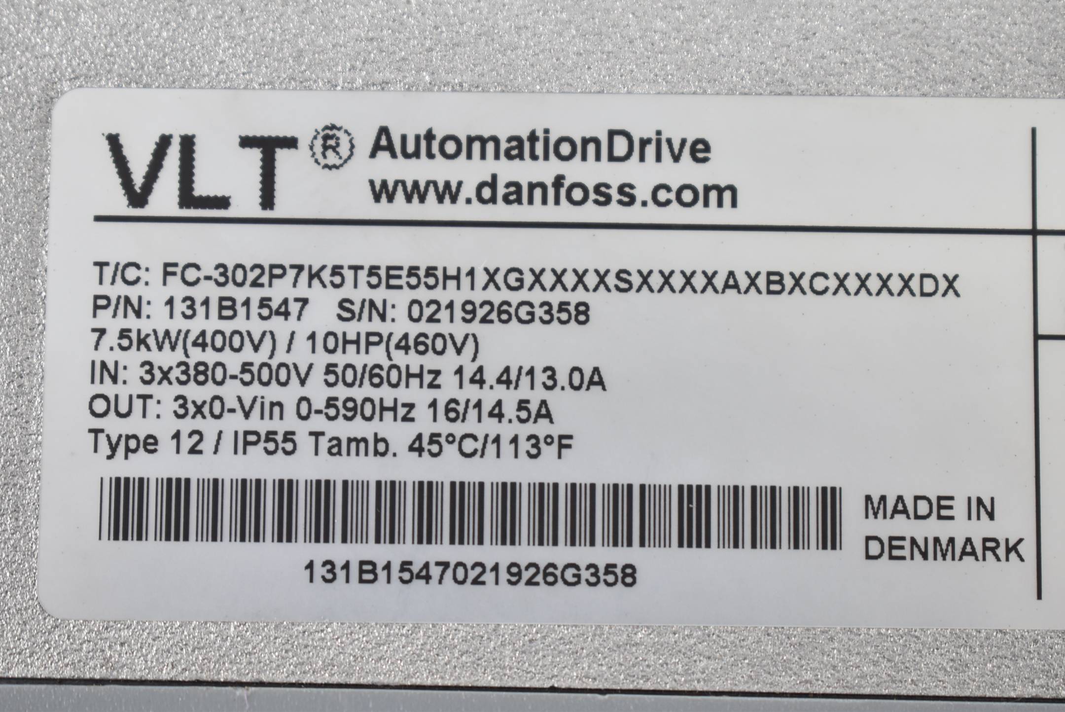 Danfoss VLT Umrichter FC-302P7K5T5E55H!XGXXXXSXXXXAXBXCXXXXDX ( 131B1547 ) 7,5kW