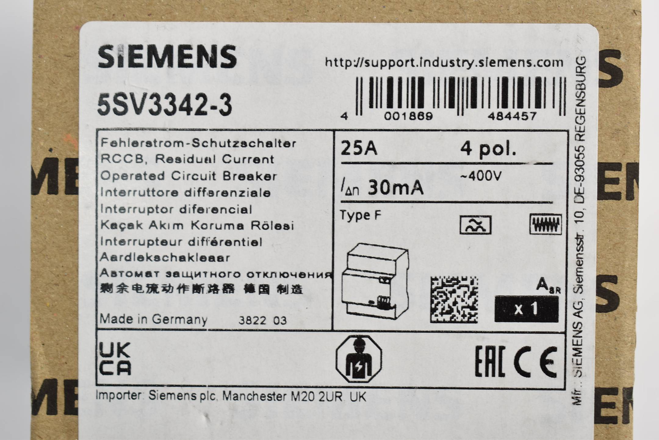 Siemens FI-Schutzschalter 4-polig Typ F 25A 30mA 400V 5SV3 342-3 ( 5SV3342-3 )