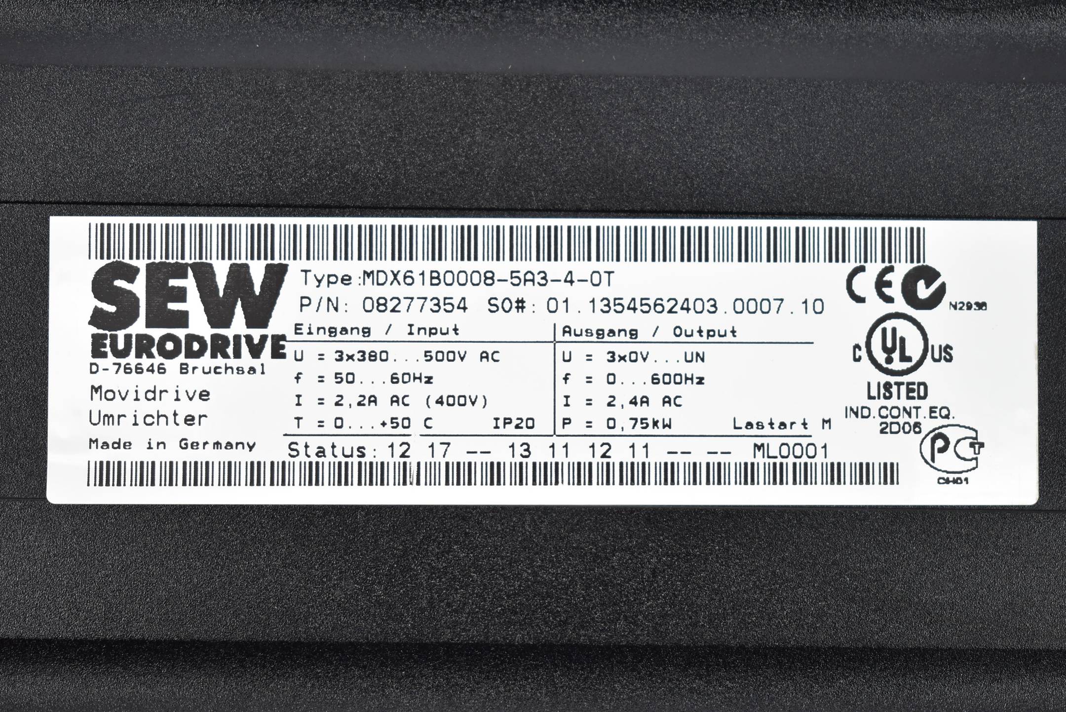 SEW-Eurodrive Movidrive Frequenzumrichter 3x380VAC 0,75kW MDX61B0008-5A3-4-0T 