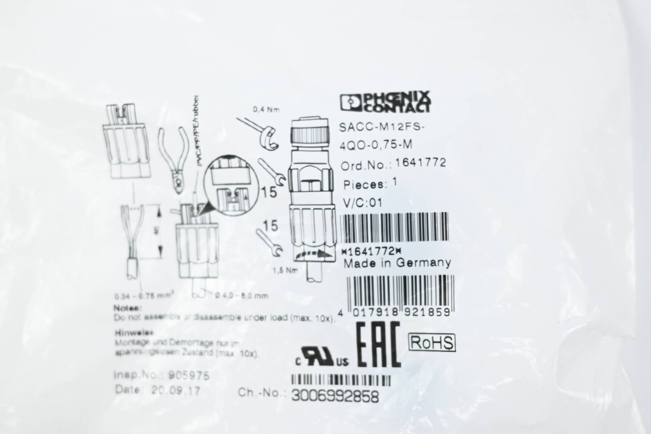 Phoenix Contact Steckverbinder SACC-M12FS-4QO-0,75-M ( 1641772 )