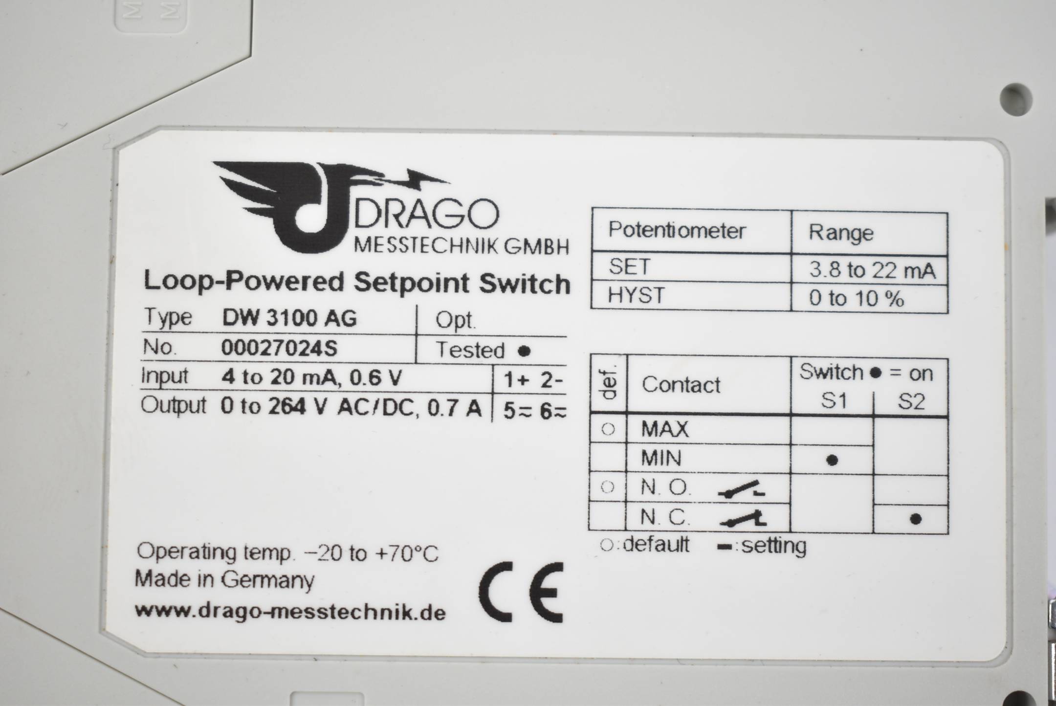 Drago Messtechnik Loop-Powered Setpoint Switch DW 3100 AG ( DW3100AG )