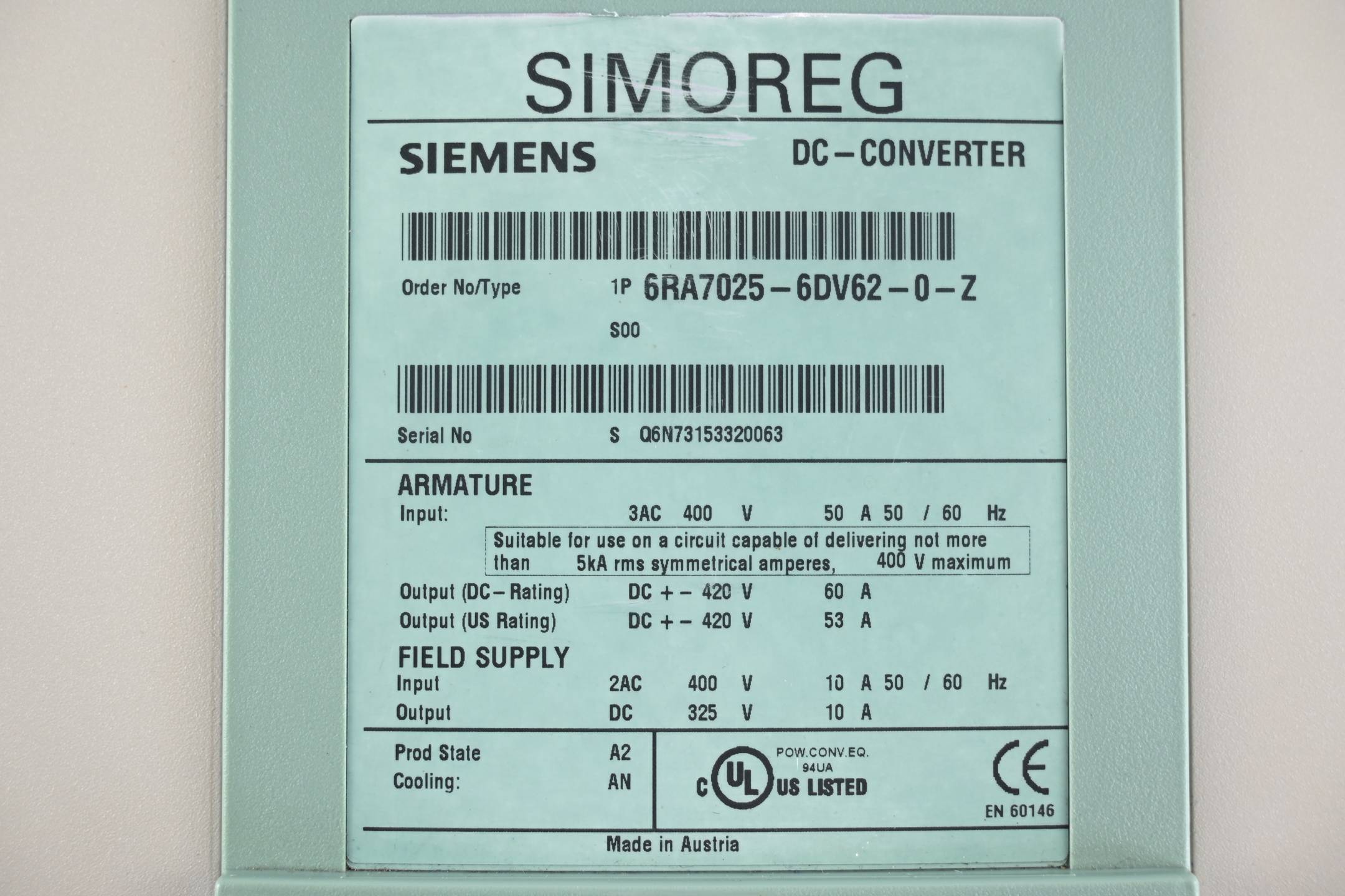 Siemens Simoreg DC-Converter 6RA7025-6DV62-0-Z ( 6RA7 025-6DV62-0-Z ) E.A2 Z=S00