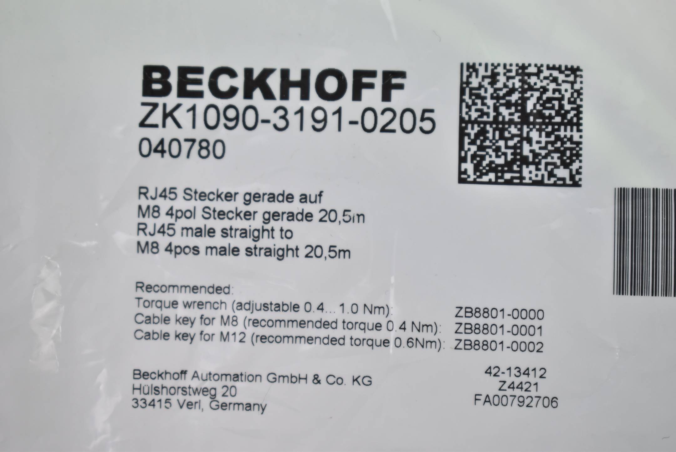 Beckhoff EtherCAT-Leitung RJ45 Stecker gerade 20,5m ZK1090-3191-0205 ( 040780 )