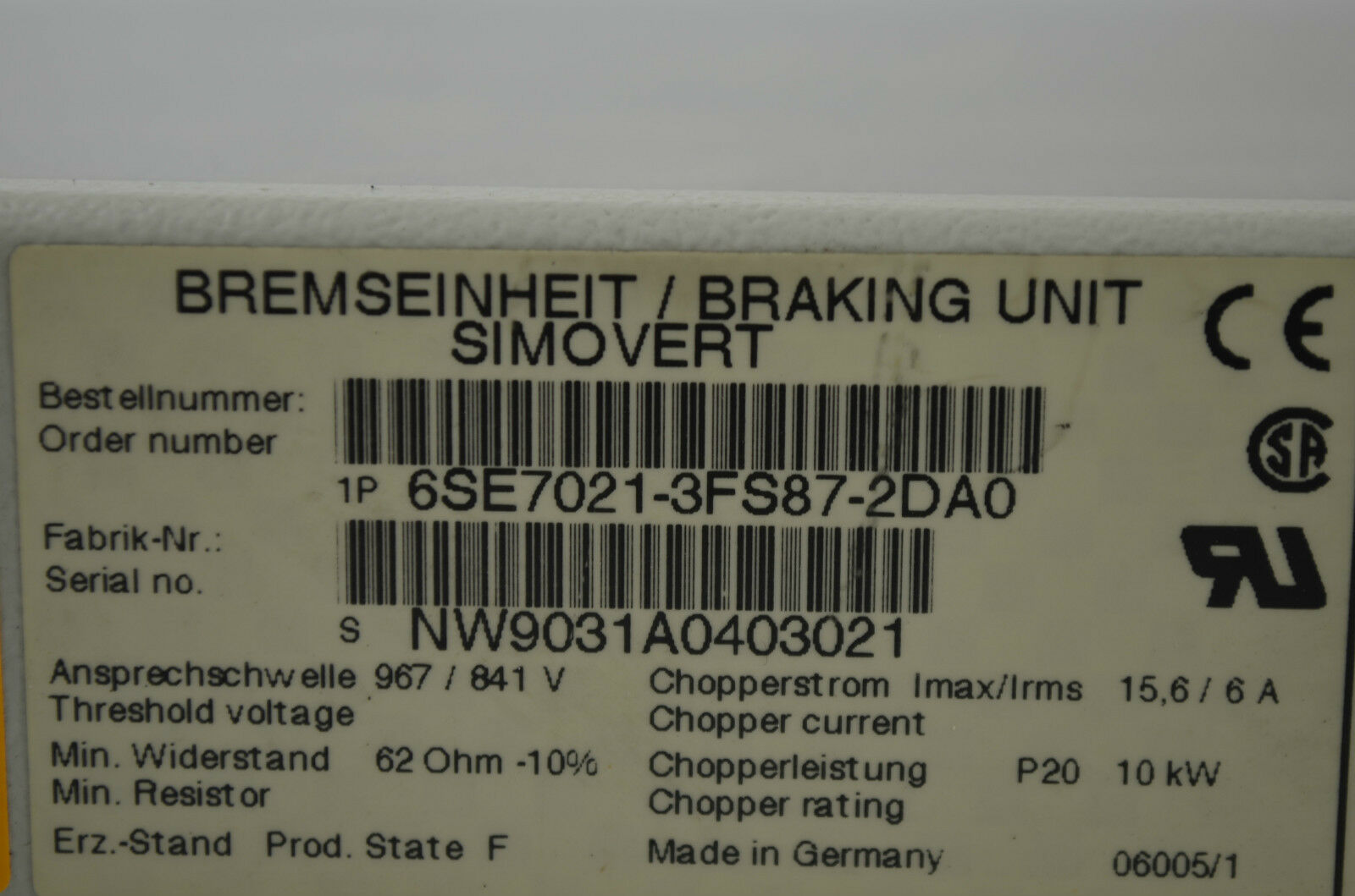 Siemens simovert Breaking Unit 6SE7021-3FS87-2DA0 ( 6SE7 021-3FS87-2DA0 )