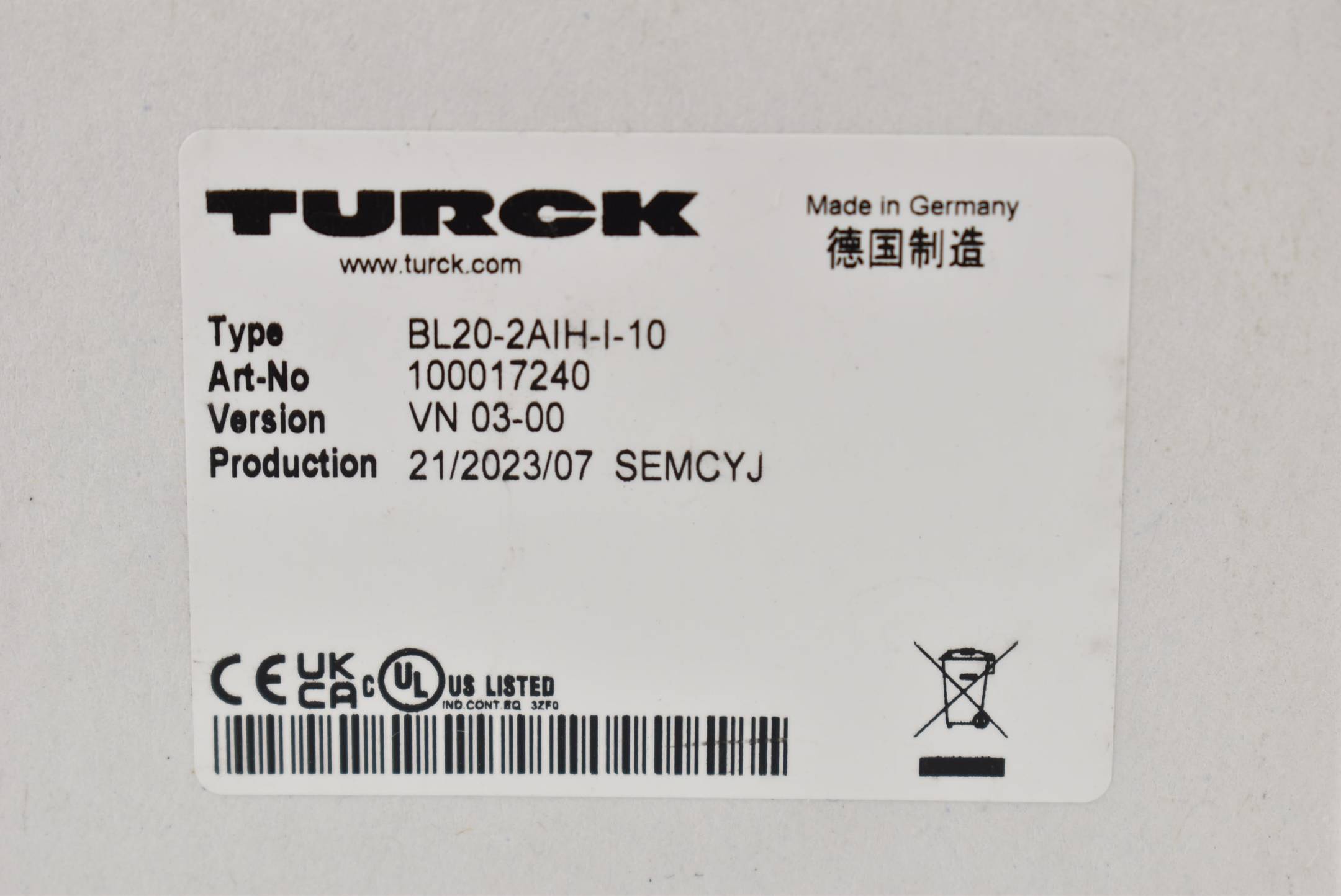 Turck BL20 Elektronikmodul BL20-2AIH-I-10 ( 100017240 )