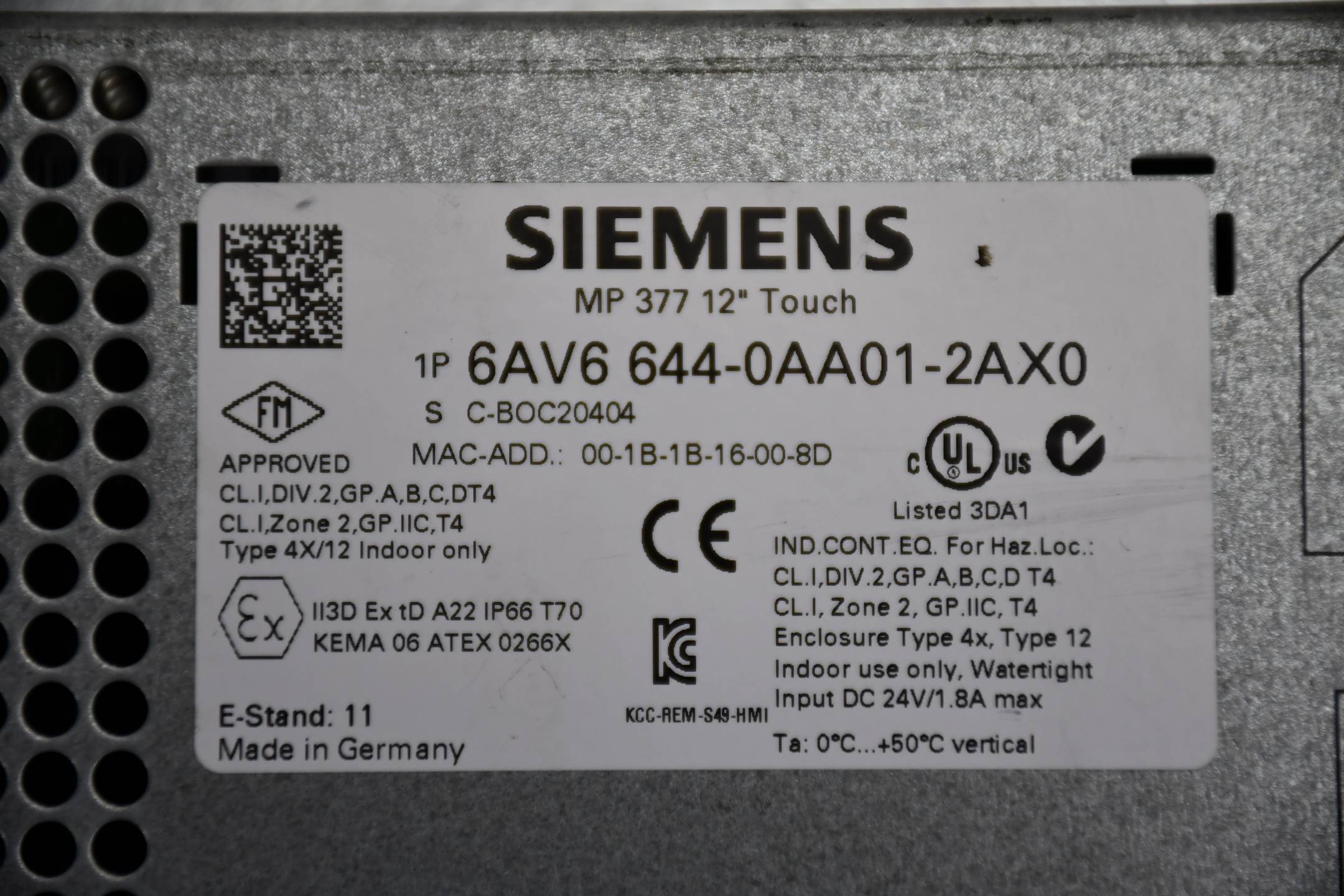 Siemens MP377 12'' Touch 6AV6644-0AA01-2AX0 ( 6AV6 644-0AA01-2AX0 ) E11