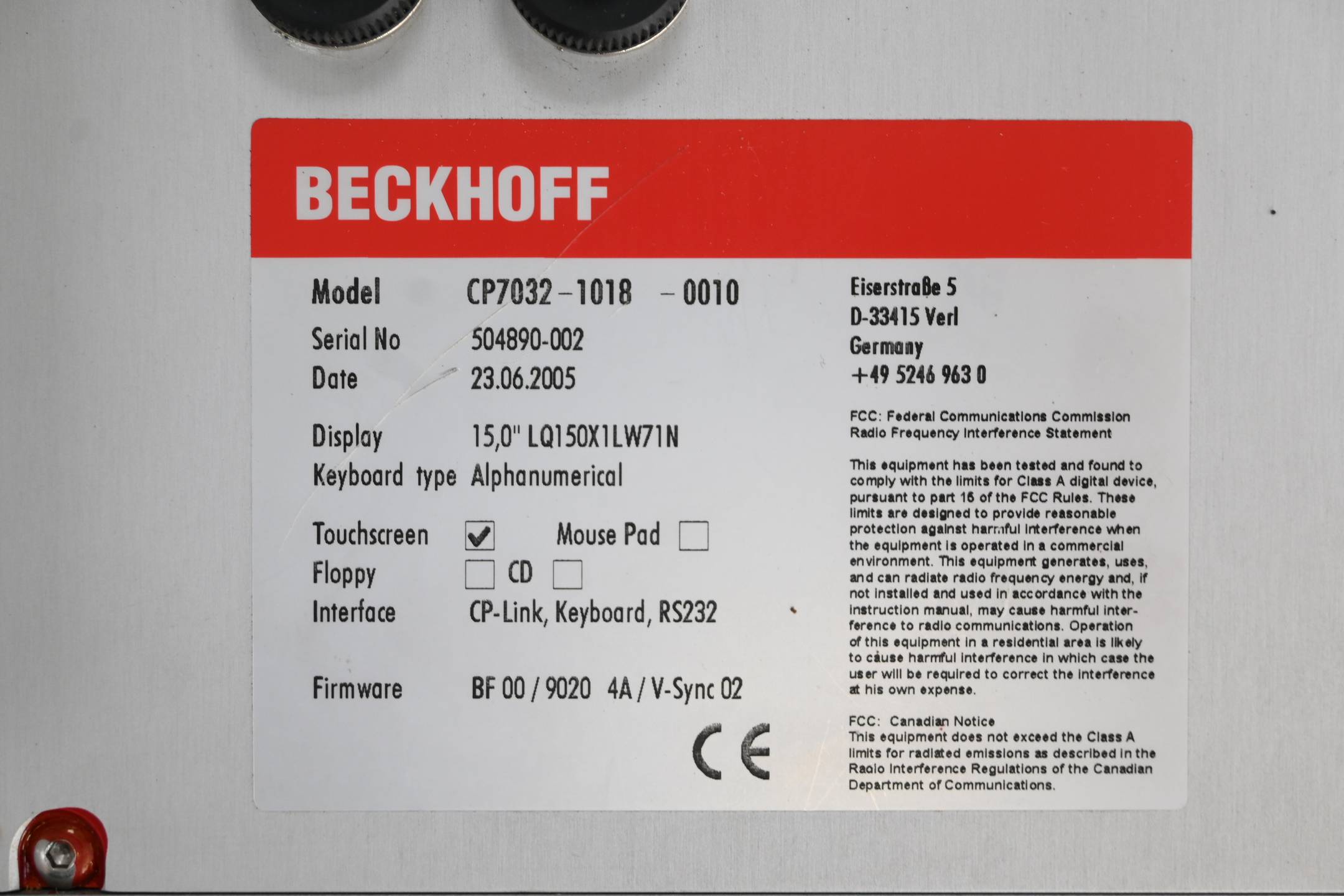 Beckhoff Control Panel  Touchscreen 15" CP7032-1018-0010