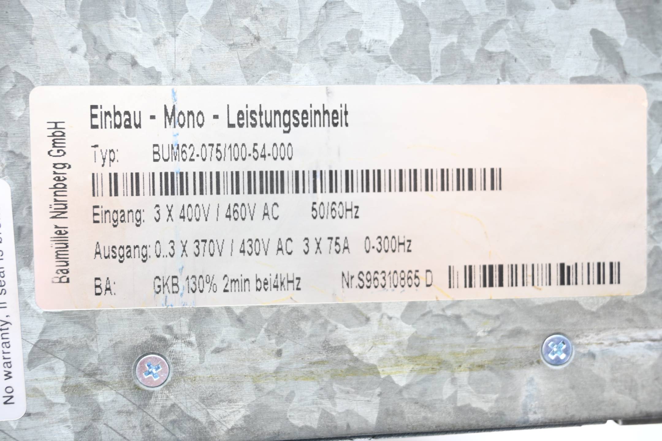 Baumüller Nürnberg Einbau Mono Leistungseinheit BUM62-075/100-54-000