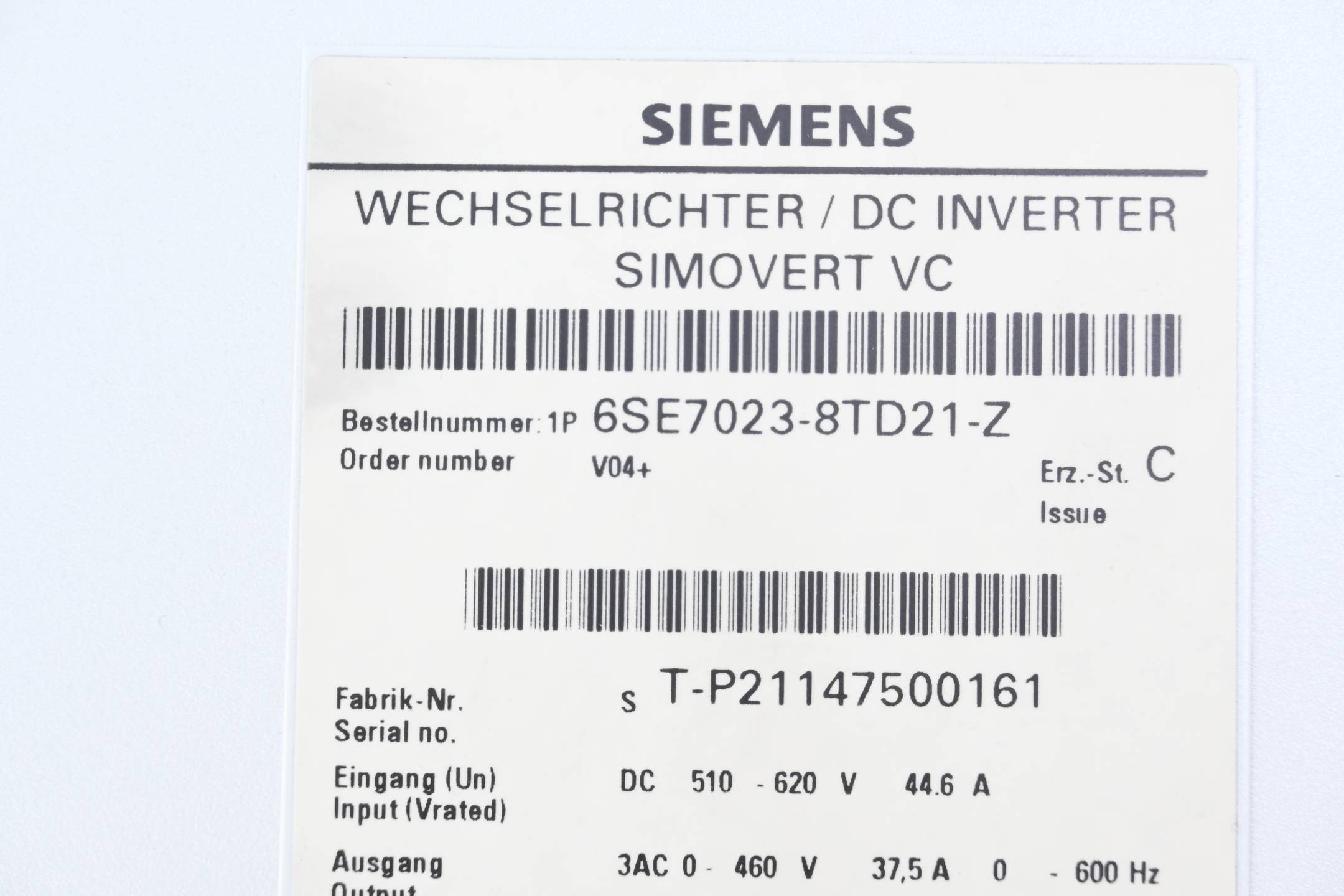 Siemens Simovert VC Wechselrichter 6SE7023-8TD21-Z ( 6SE7 023-8TD21-Z )E-Stand:C