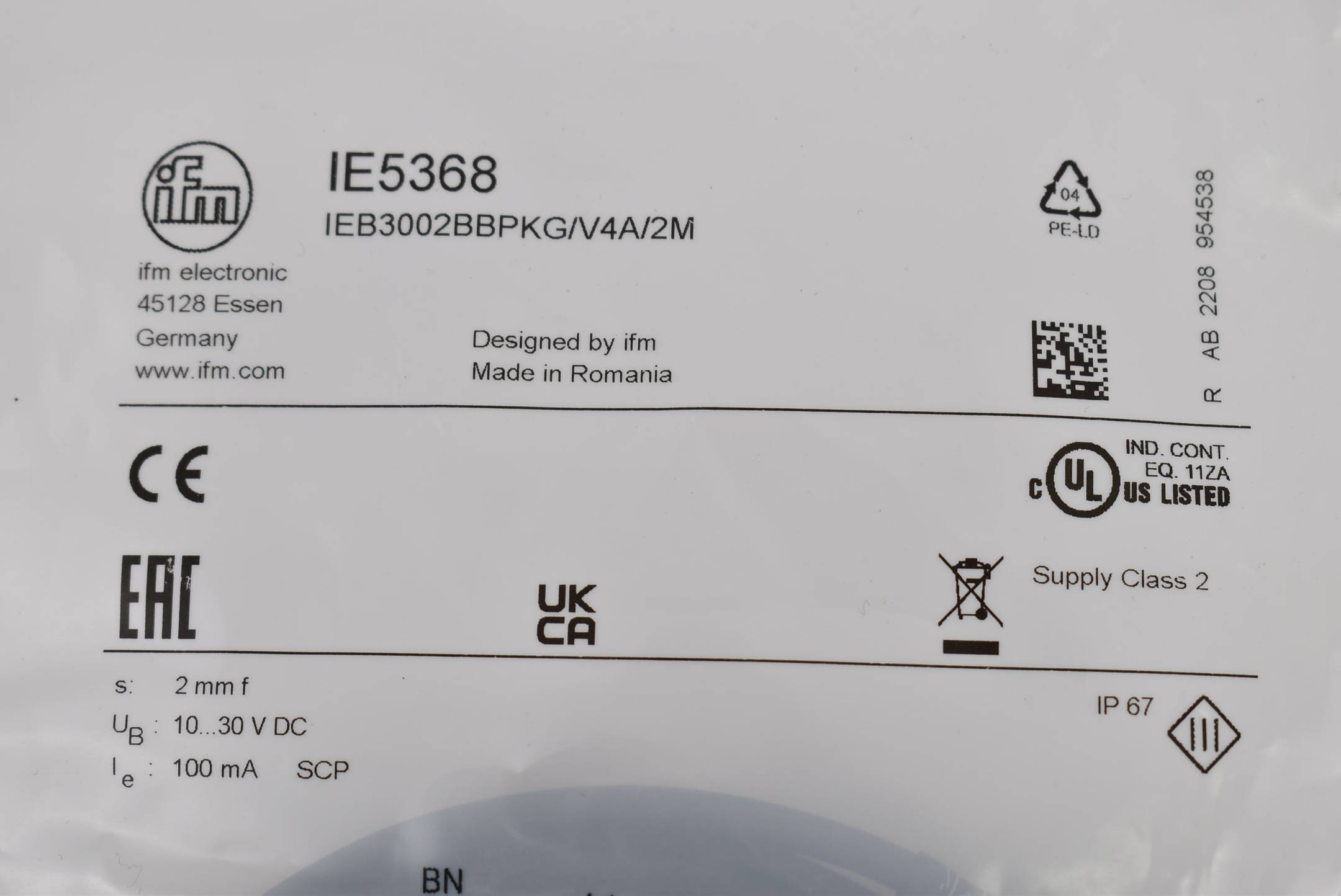 Ifm induktiver Sensor 2mm 10-30VDC 100mA IE5368 ( IEB3002BBPKG/V4A/2M )