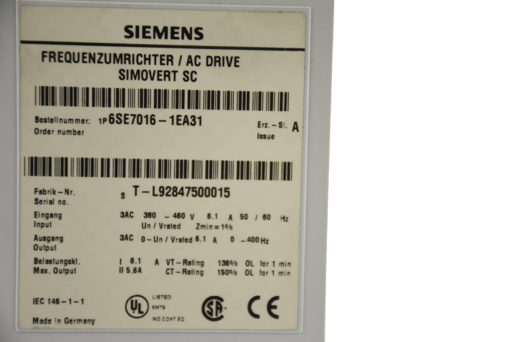 Siemens simovert Masterdrives SC Umrichter 6SE7016-1EA31 ( 6SE7 016-1EA31 ) Ez A Siemens simovert Masterdrives SC Umrichter 6SE7016-1EA31 ( 6SE7 016-1EA31 ) Ez A