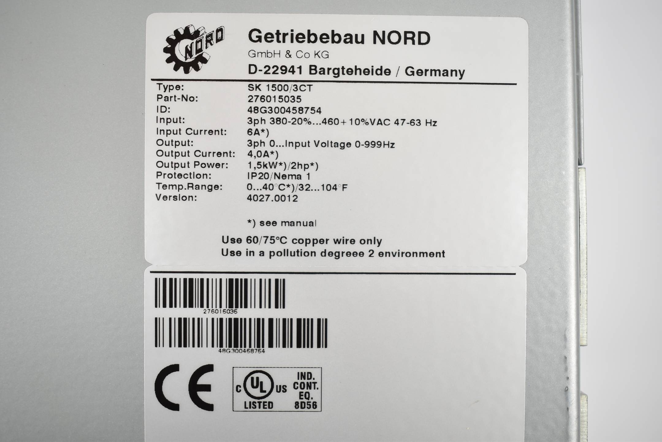 DEFEKT NORDAC Nord vector Frequenzumrichter SK 1500/3 CT ( 76015035 ) SK1500