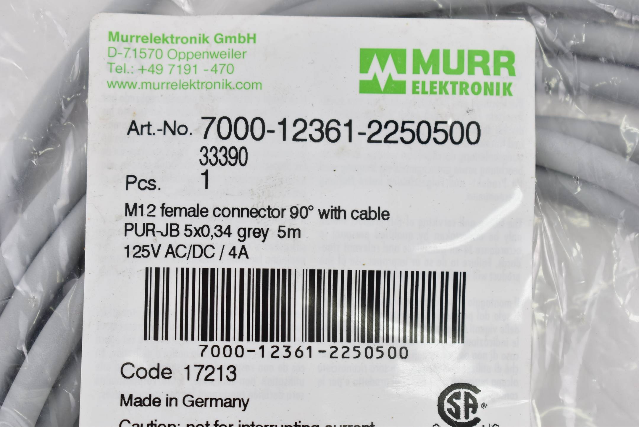 MURR Elektronik Cable PUR-JB 5x0,34 grey 5m 125V AC/DC/4A 7000-12361-2250500