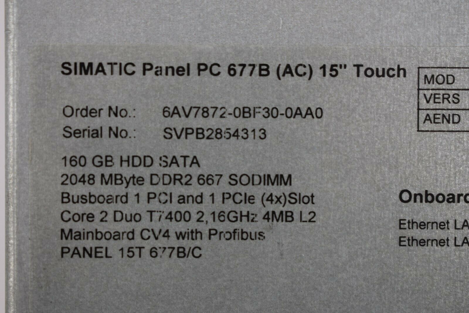 Siemens simatic Panel PC 677B (AC) 15"Touch 6AV7872-0BF30-0AA0