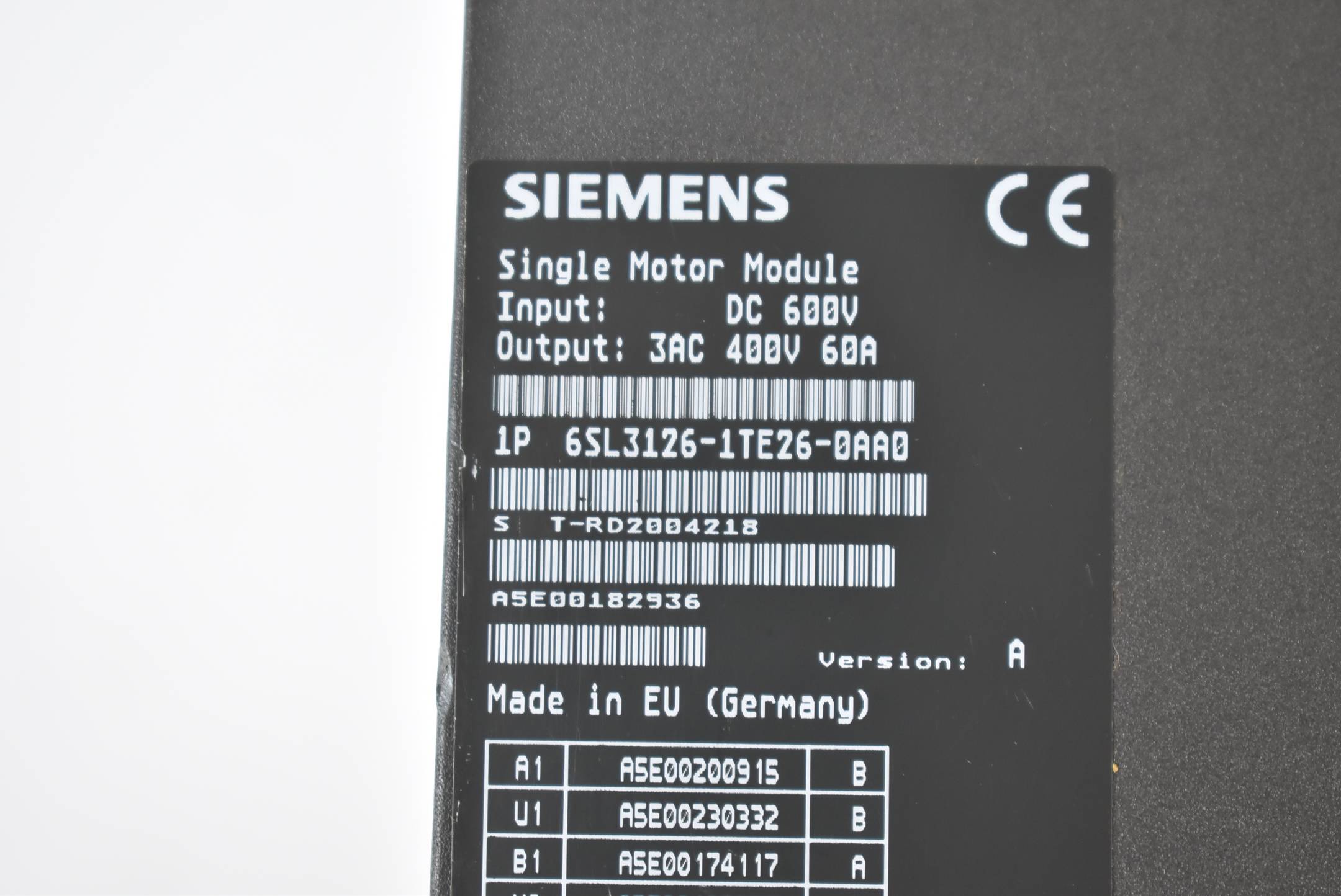Siemens Sinamics Single Motor-Modul 6SL3126-1TE26-0AA0 ( 6SL3 126-1TE26-0AA0 ) A