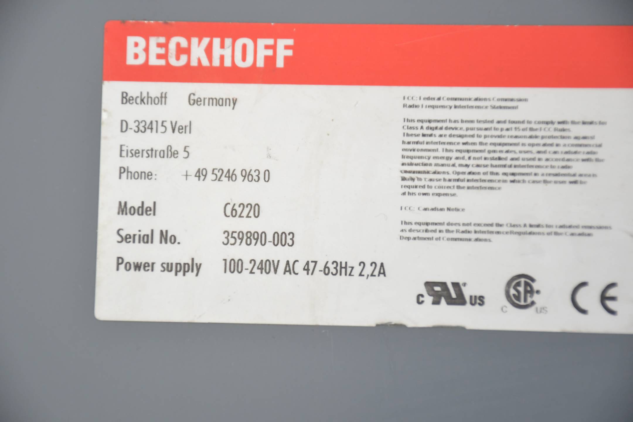 Beckhoff Schaltschrank-PC C6220 100-240V AC 41-63Hz 2,2A
