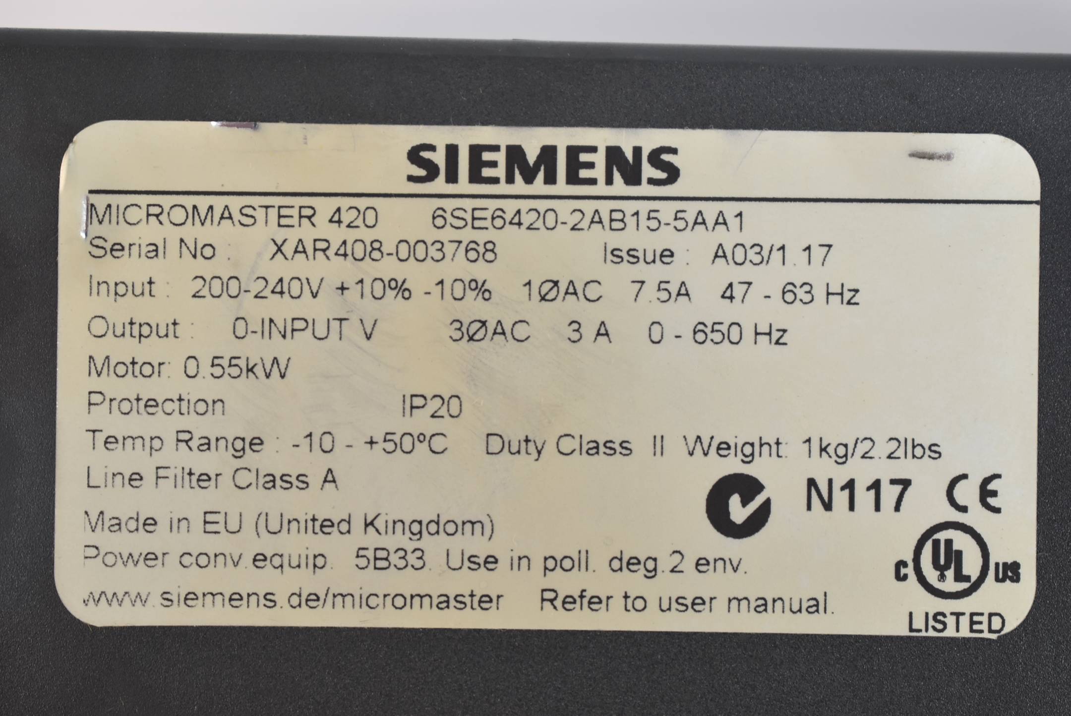 Siemens Micromaster 420 6SE6420-2AB15-5AA1 ( 6SE6 420-2AB15-5AA1 ) Ver. A03/1.17