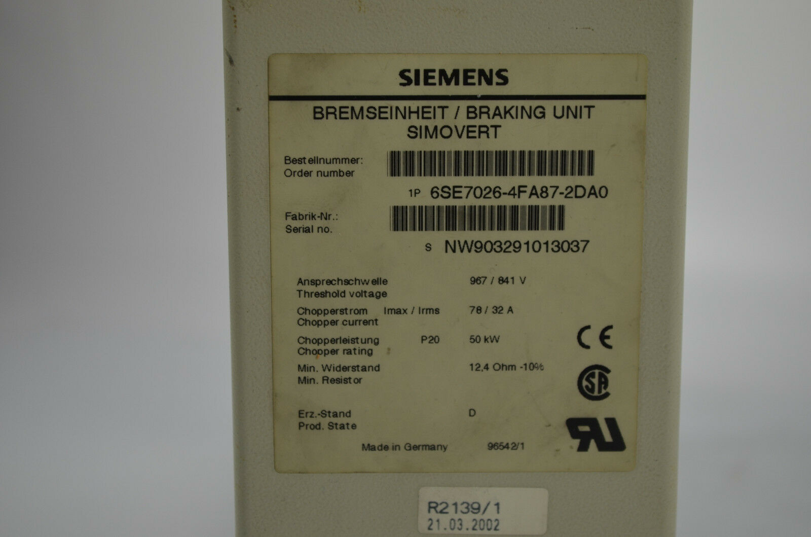 Siemens simovert Bremseinheit 6SE7026-4FA87-2DA0 ( 6SE7 026-4FA87-2DA0 )